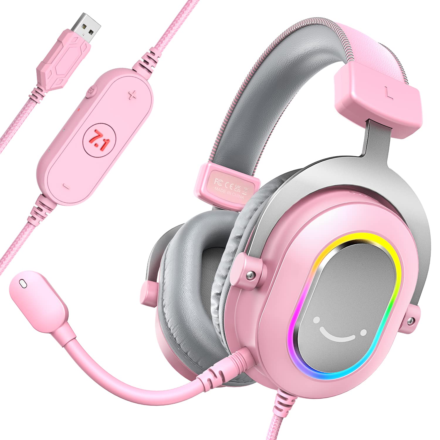 FIFINE PC Gaming Headset with Microphone - USB Wired 7.1 Surround Sound Headphones with RGB Lights & In-Line Controls for PS4/PS5, Streaming, Gaming, Video Calls - Over-Ear Design (Pink) | Perfect for Online Gaming, Live Streaming & Remote Work