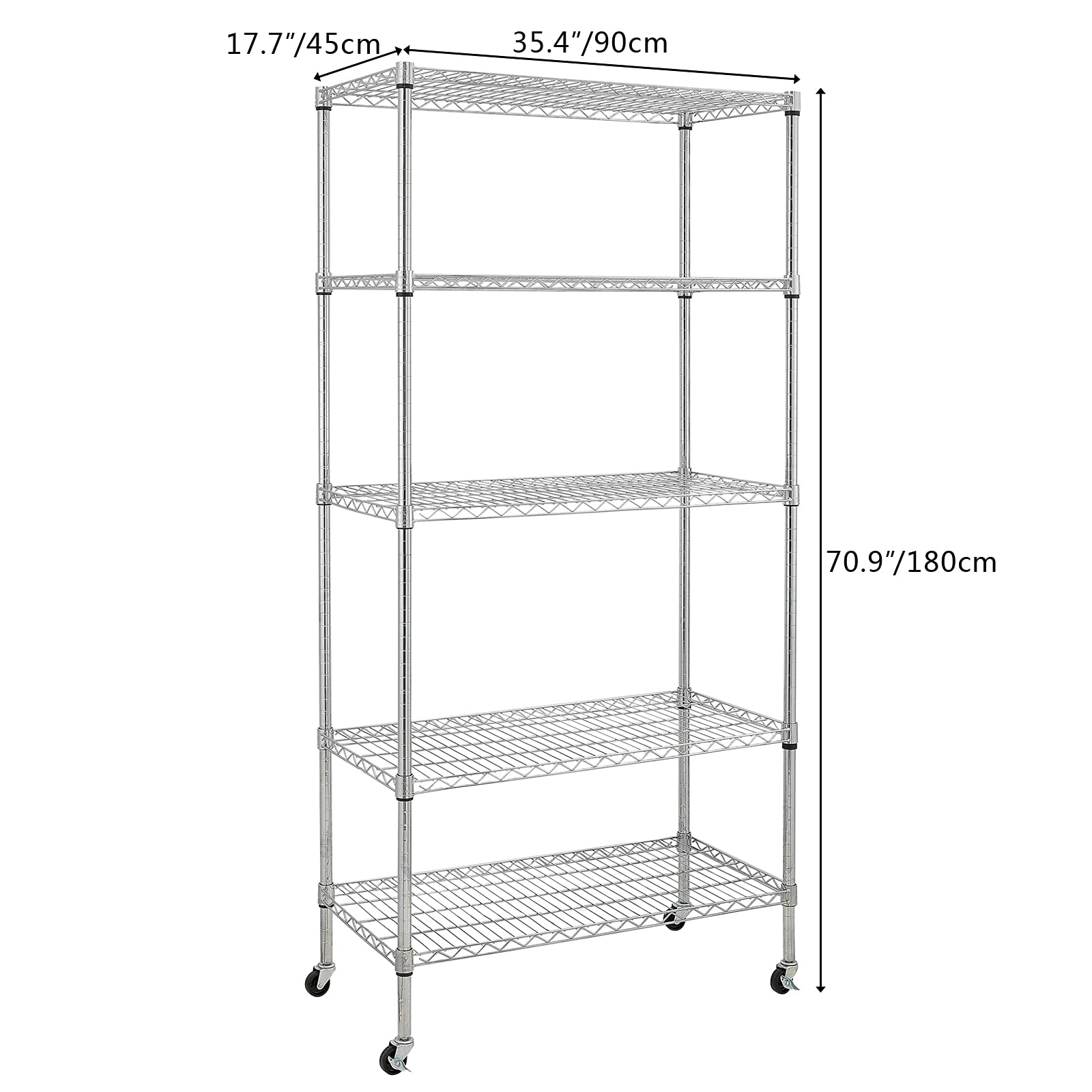 Adjustable 5-Tier Steel Wire Shelving Unit with PE Mat, Leveling Feet & Safety Device - 90 x 45 x 180cm Chrome Storage Rack for Garage, Kitchen, Pantry Organization & Commercial Use