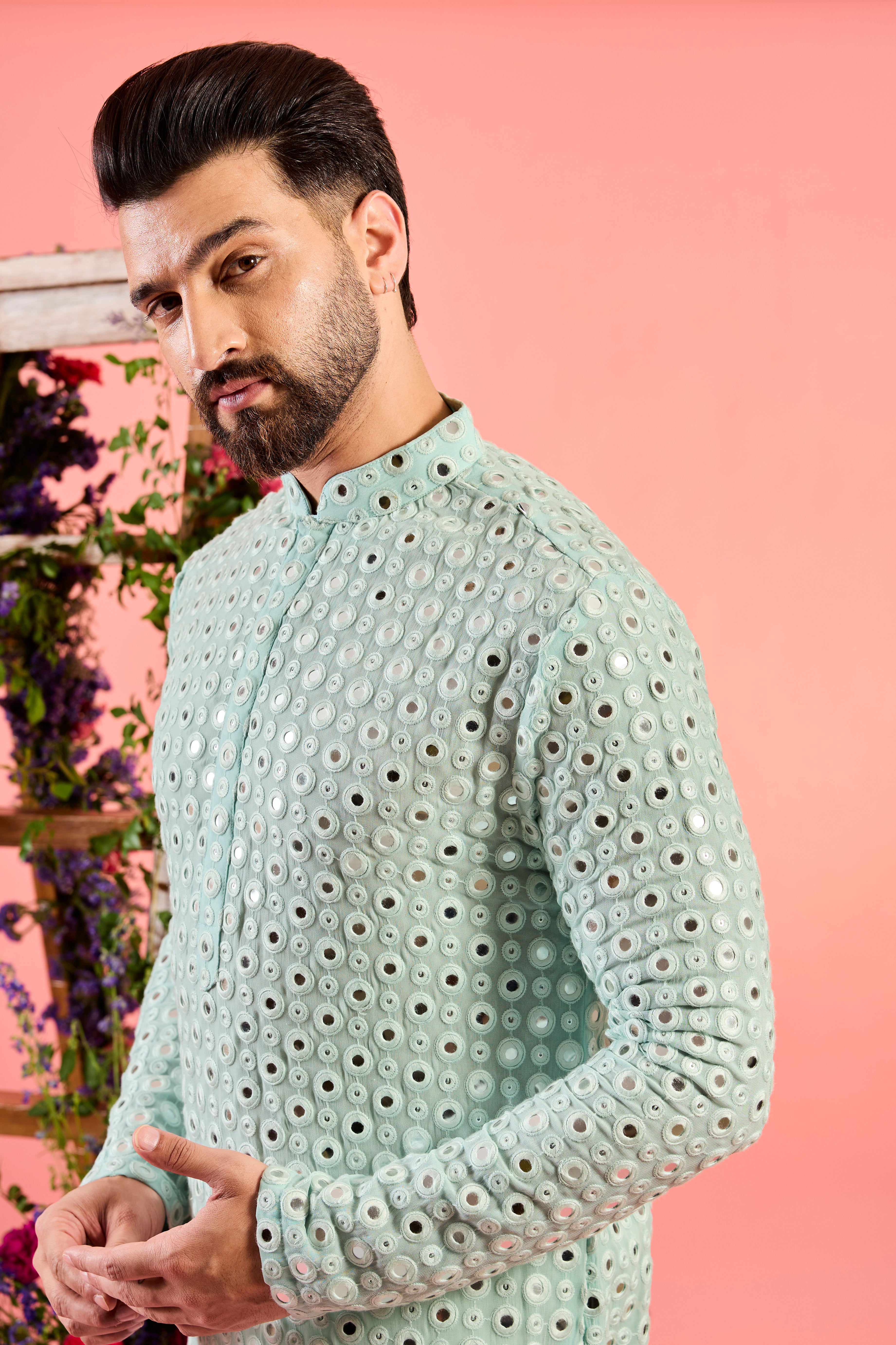 Ice Blue Classic Mirror Work Kurta - Traditional Indian Embroidered Tunic for Women - Perfect for Festivals, Weddings & Ethnic Occasions