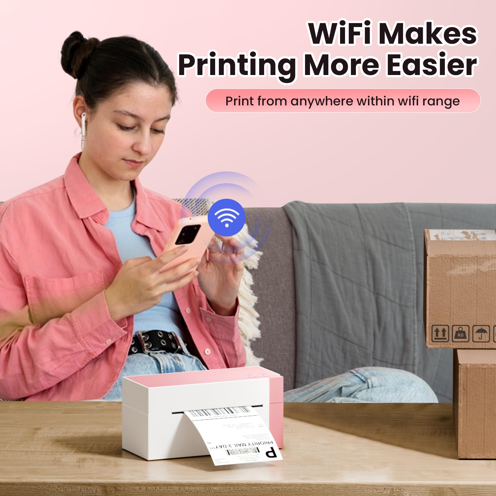 Phomemo WiFi Thermal Label Printer 4x6 - 300DPI High Resolution Wireless Shipping Label Printer for Small Business | Compatible with Shopify, USPS, Amazon, FedEx | Perfect for E-commerce, Online Stores & Package Shipping (Pink)
