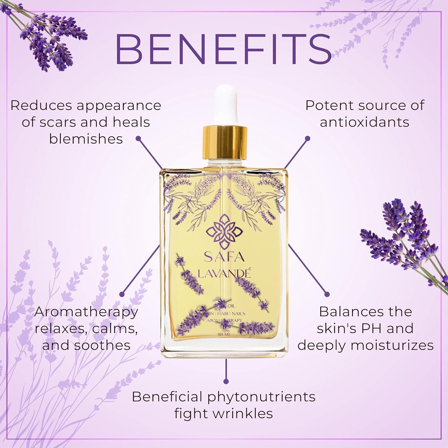 SAFA Lavender Essential Oil for Face, Body, Hair & Nails - 100% Pure Natural Moisturizing Oil for Skin Care, Aromatherapy & Diffusers | Long Lasting Fragrance Body Oil After Shower | 4 Fl Oz - Perfect for Relaxation, Massage & Home Spa Treatments