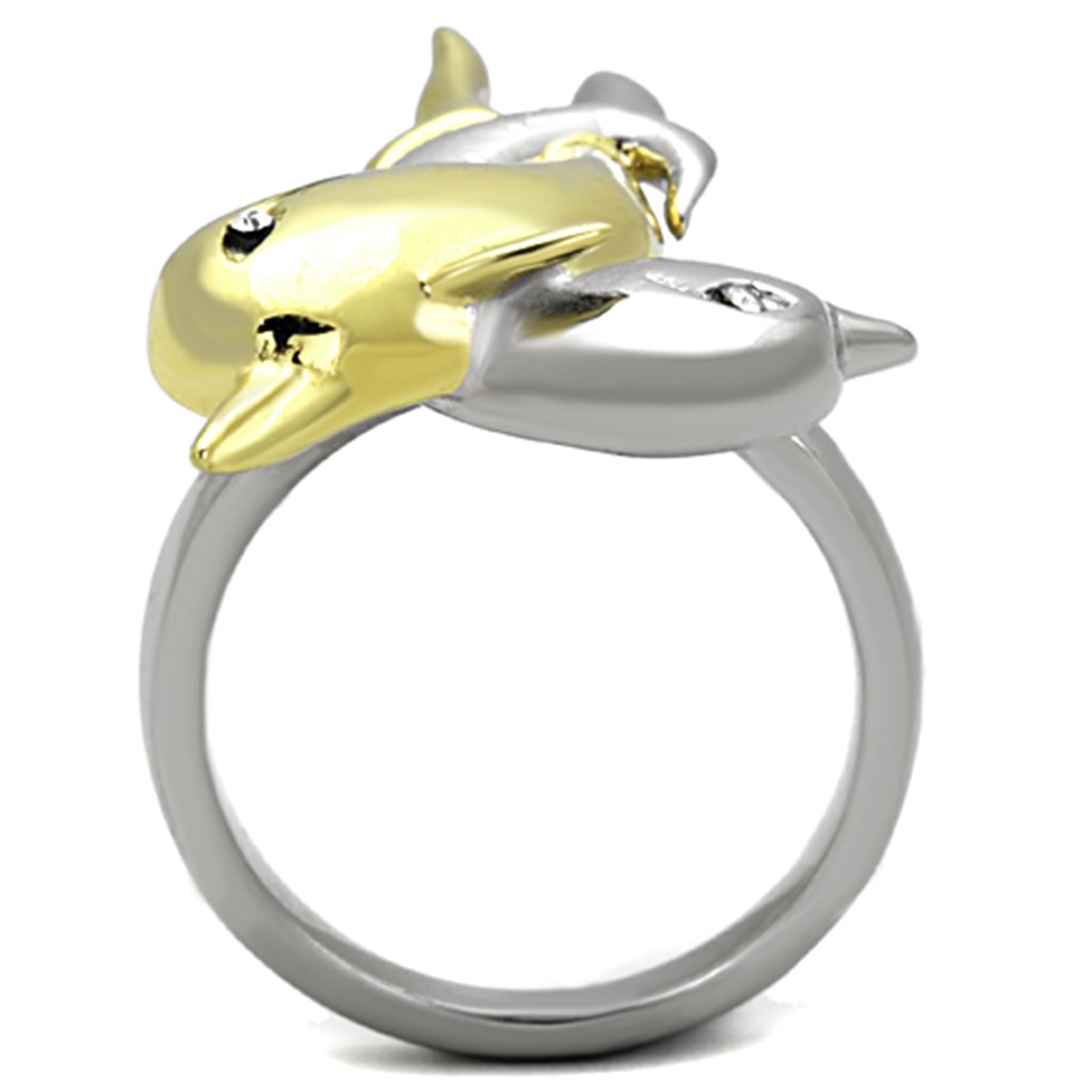 Marimor Women's 316 Stainless Steel Two-Tone Crystal Dolphin Ring - Elegant Fashion Jewelry for Everyday Wear & Gift Giving