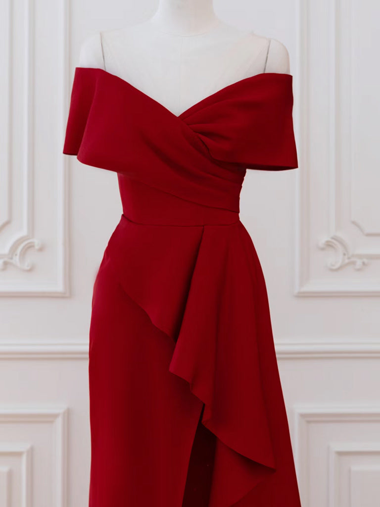 Elegant A-Line V-Neck Off-Shoulder Burgundy Long Prom Dress - Formal Evening Gown for Homecoming, Wedding, Party & Special Occasions
