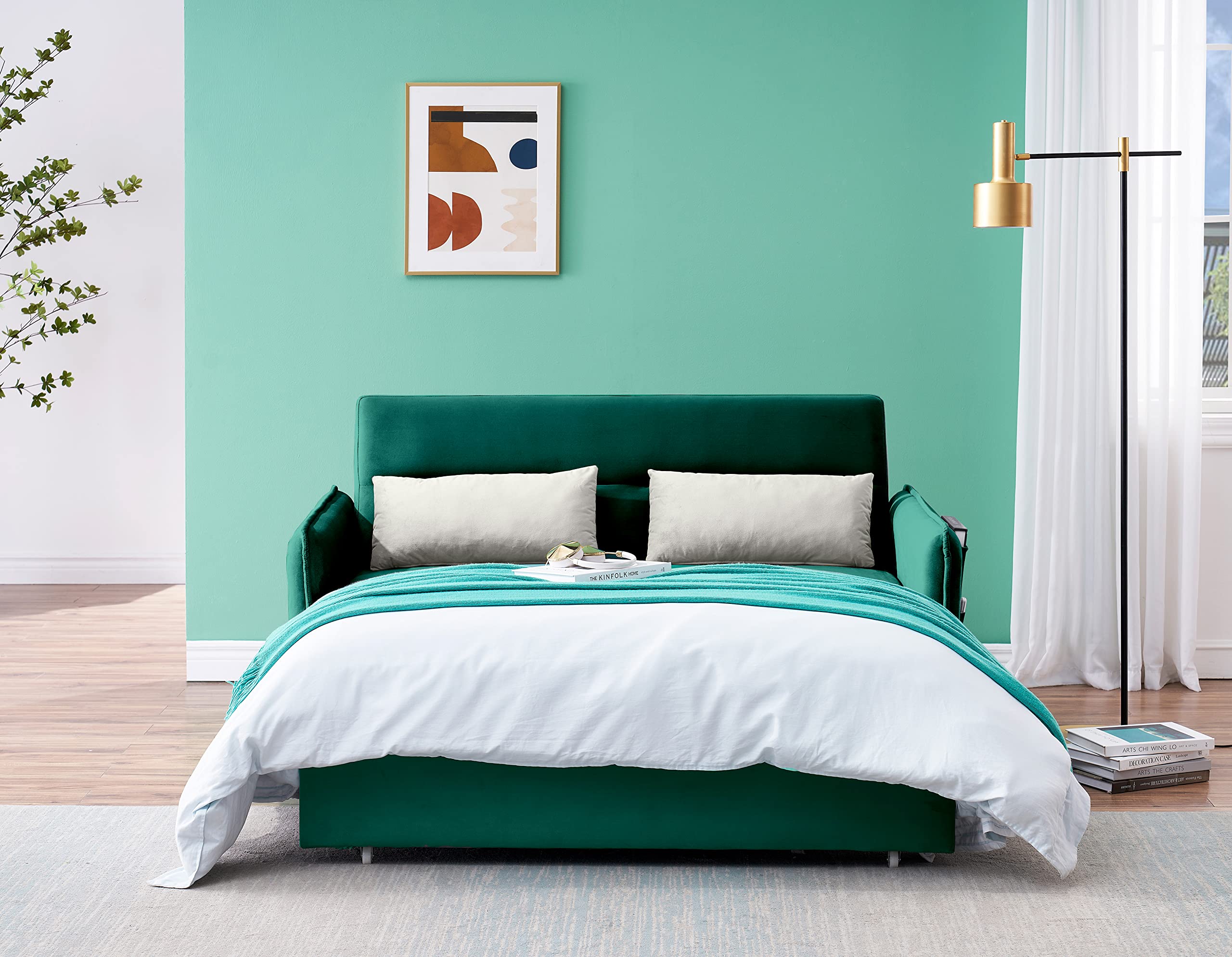 ERYE 3-in-1 Convertible Loveseat Sofa Bed - Queen Size Pull Out Sleeper with Reclining Backrest, Green Velvet Upholstery & 2 Pillows - Perfect for Small Spaces, Guest Rooms & Studio Apartments