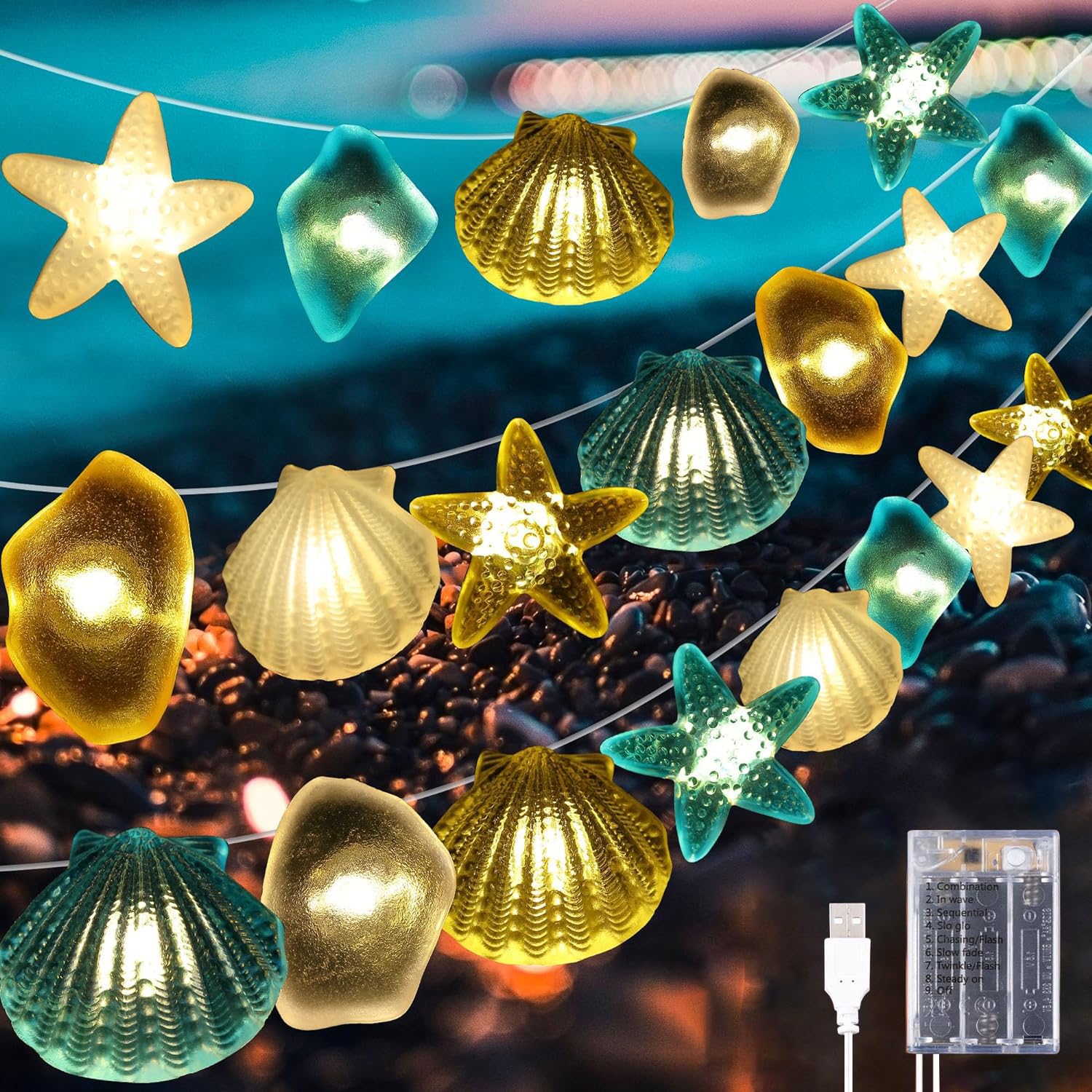 Ocean Themed Fairy String Lights - 10 FT 30 LED Battery Operated Decorative Lights with Starfish & Seashell Design, 8 Lighting Modes for Summer Room Decor, Beach Party, Bathroom, Nursery, Outdoor Patio & Wedding Decorations