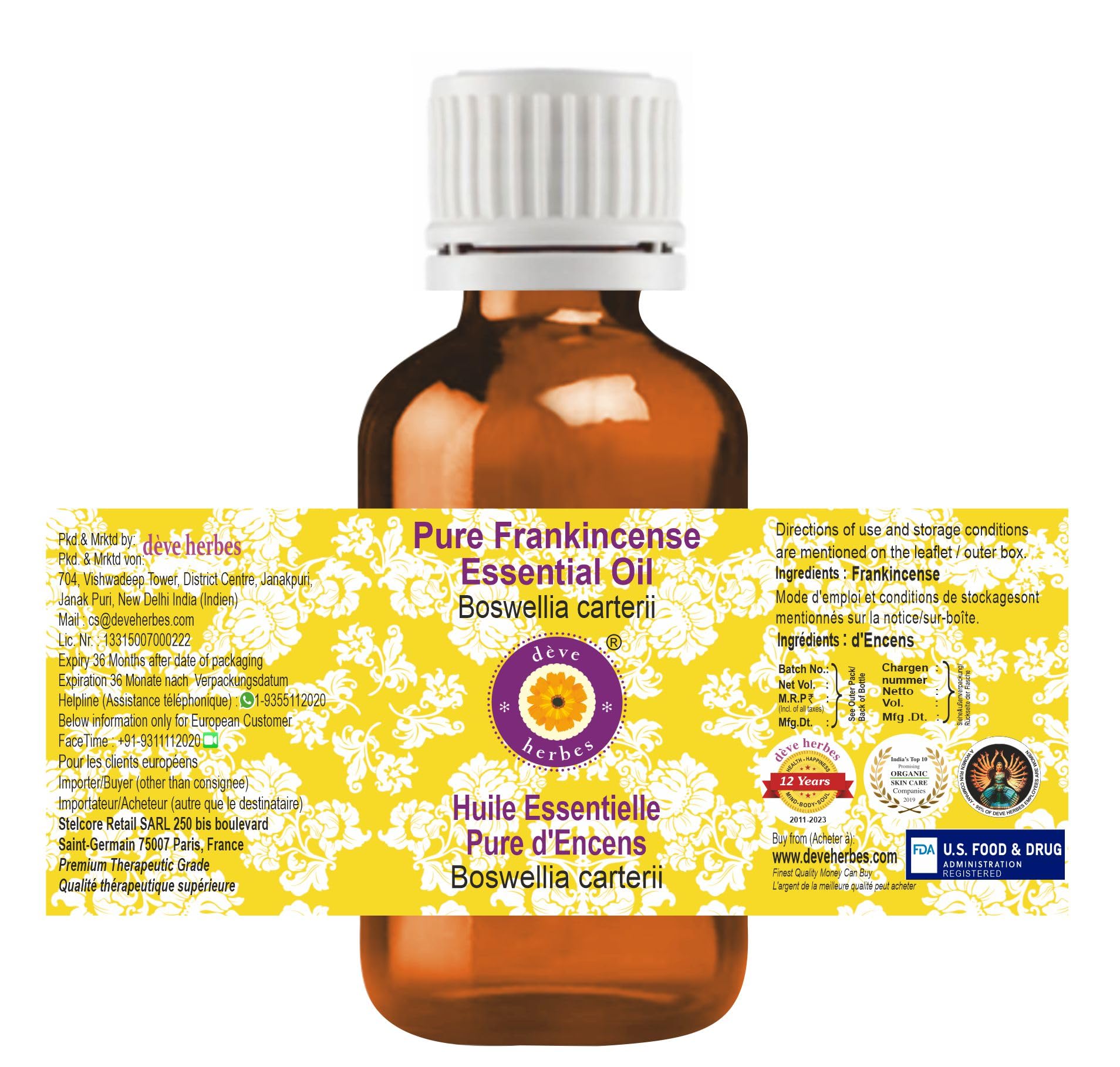 Pure Frankincense Essential Oil (Boswellia Serrata) - 10ml Steam Distilled, 70% Alpha Thujene for Aromatherapy, Meditation & Skin Care | Deve Herbes