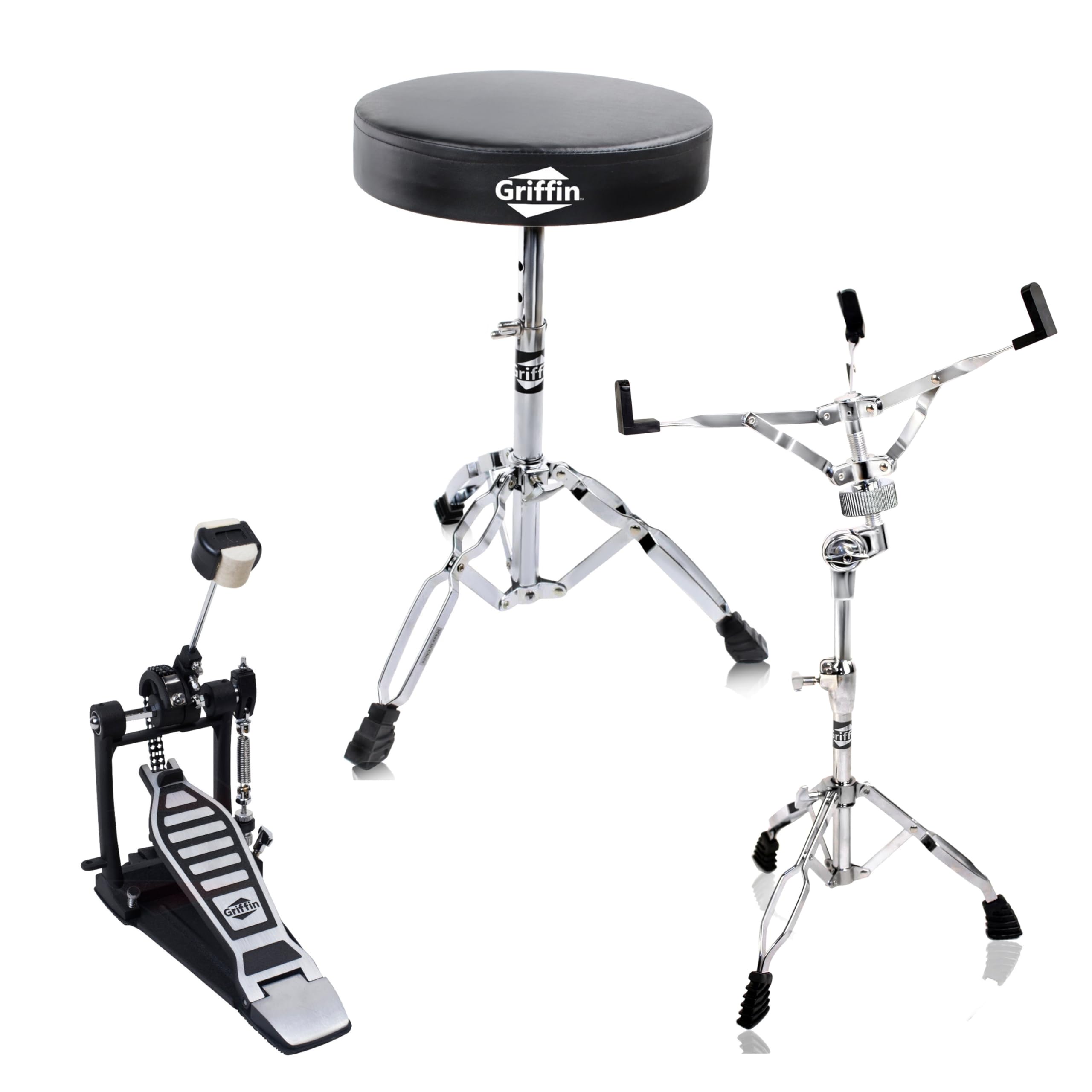 Griffin 3-Piece Drum Set - Single Kick Bass Pedal, Drum Throne & Snare Stand | Heavy-Duty Double Chain Drive Pedal & Adjustable Drum Seat | Perfect for Rock, Metal & Live Performances | Home Studio & Professional Drum Kit Accessories