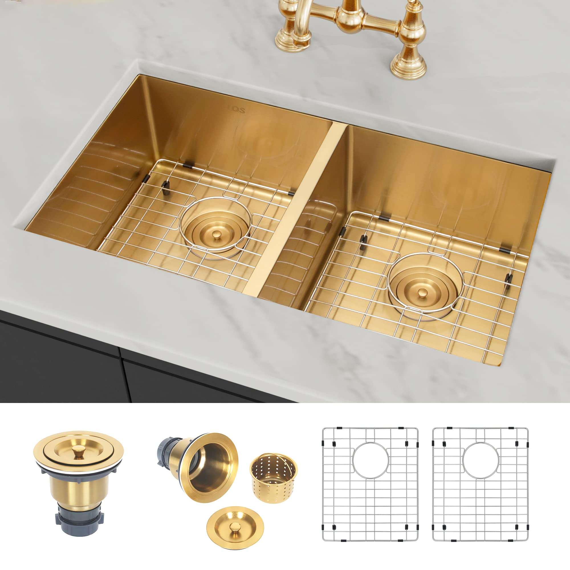 LQS 31 Inch Undermount Double Bowl Kitchen Sink - Stainless Steel Gold Finish with Accessories - Perfect for Modern Farmhouse & Luxury Home Renovations