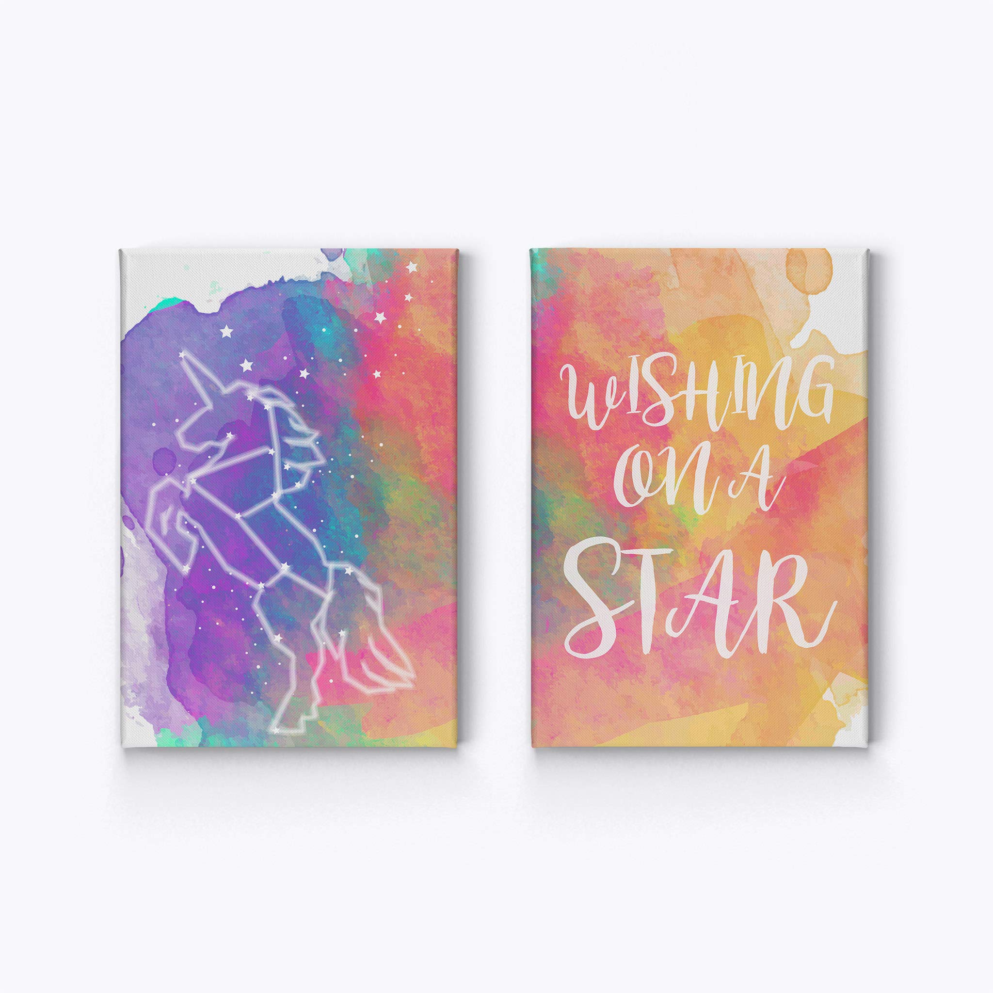 Cute Unicorn Wall Art for Kids Room - 2 Panel Canvas Print Set with Wishing on a Star Quote, Nursery & Baby Room Decor (22x15 Inches, Ready to Hang, Made in USA) - Perfect for Birthday Gifts, Girls Bedroom, and Playroom Wall Decor