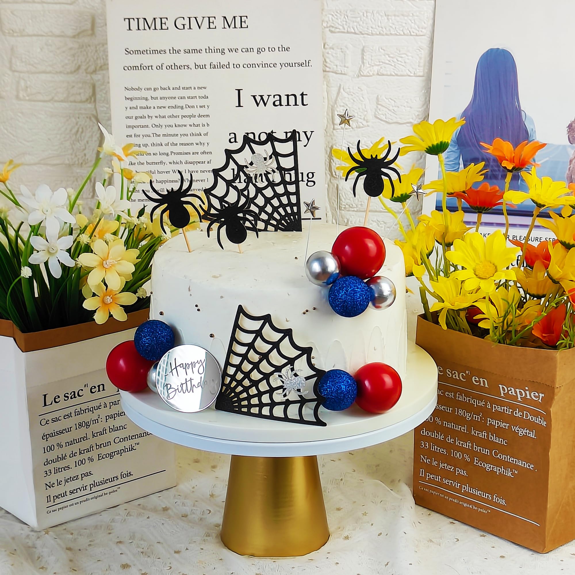 Spider Cake Topper with Spider Web Balls & Stars - Halloween Birthday Party Decor for Boys, Men, Baby Shower Supplies - Perfect for Spooky Themed Cakes, Cupcakes & Dessert Tables
