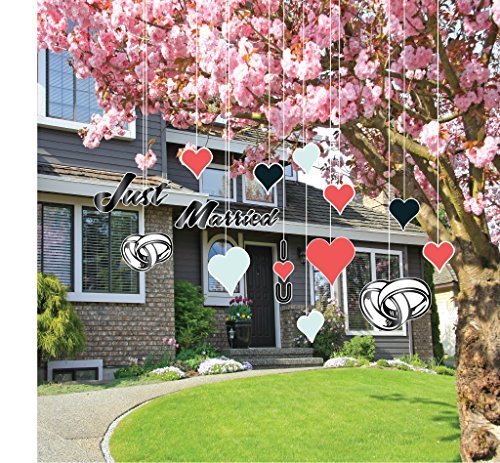 VictoryStore Just Married Yard Signs - Outdoor Wedding Lawn Decorations with Hanging Hearts, Set of 21 - Perfect for Wedding Receptions, Backyard Celebrations & Anniversary Parties