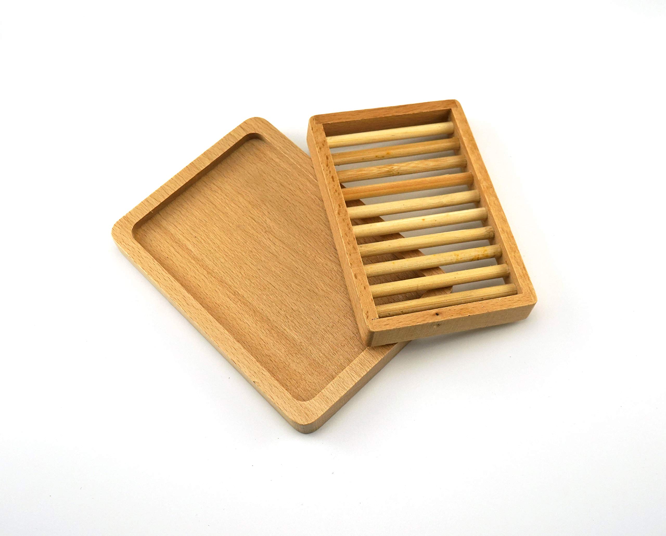 Premium Beechwood Soap Dish with Drain Tray - Natural Wood Soap Holder for Bathroom, Shower, Kitchen Sink | Keeps Countertops Dry | Ideal for Bar Soaps, Liquid Soap Bottles & Beauty Products