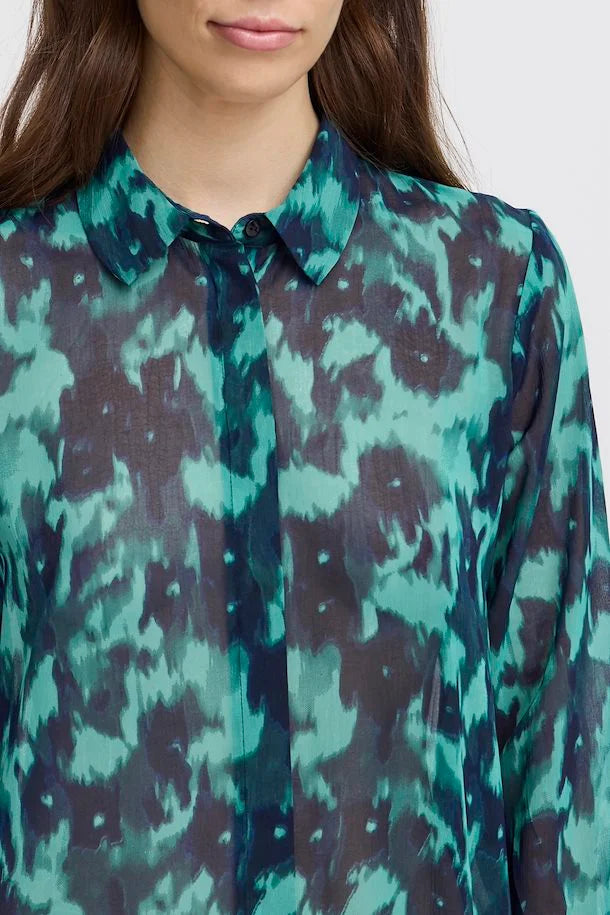 Floral Print Shirt for Women - Green, Blue, Slate Flower Design - Perfect for Spring Outfits, Casual Wear & Office Attire
