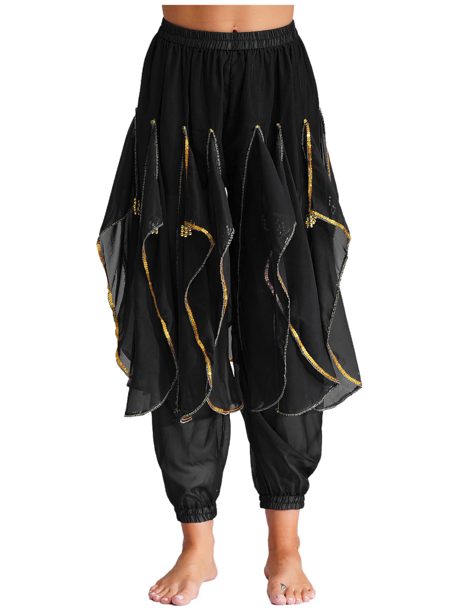 Women's Belly Dance Costume - Ruffle Harem Pants with Gold Trim for Tribal Arabic & Halloween Performances | Perfect for Dance Shows, Cosplay & Themed Parties