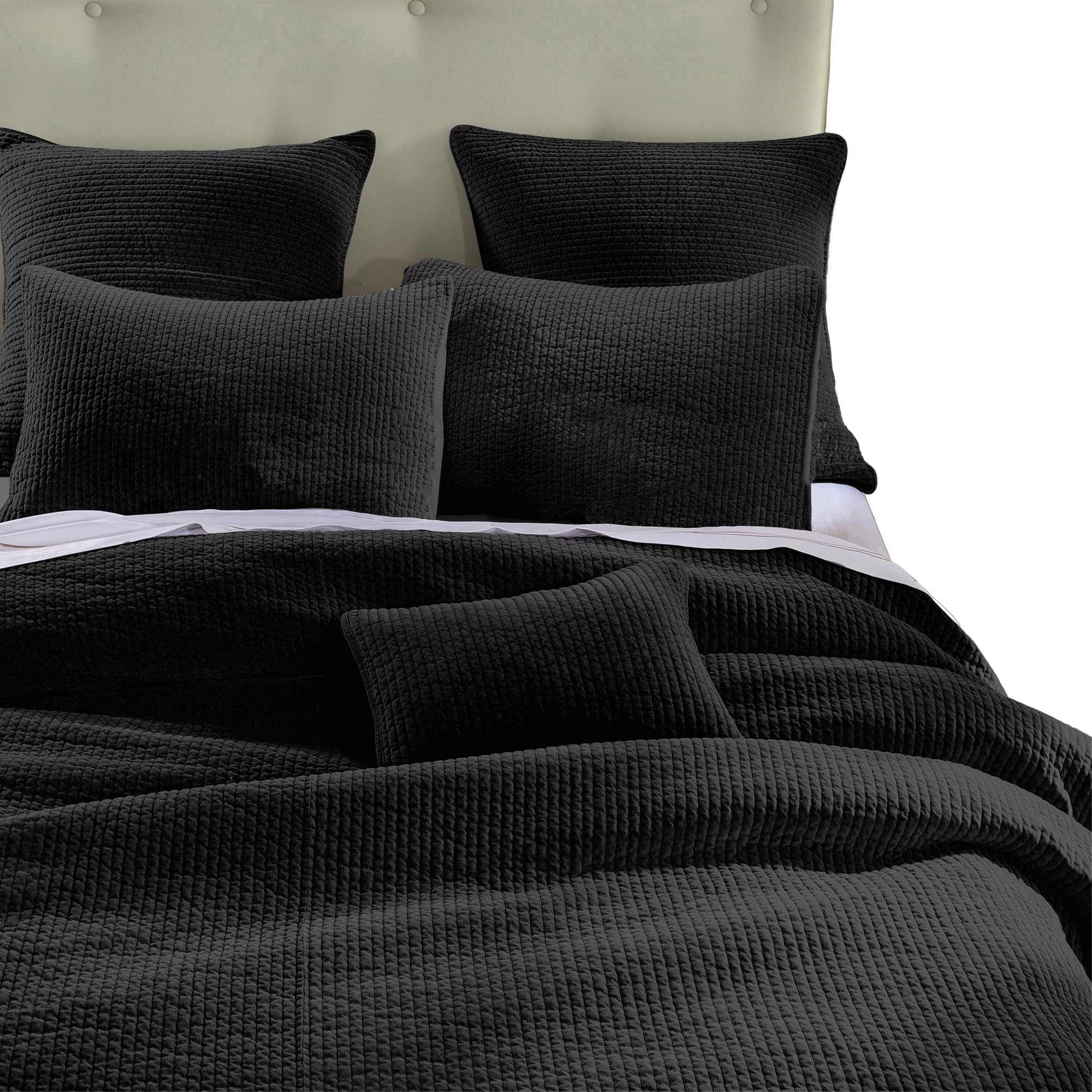 Premium Stonewashed Cotton Velvet 3-Piece Queen Quilt Set with Pillow Shams - Soft Lightweight Bedding in Classic Black - Perfect for Master Bedrooms, Guest Rooms & Cozy Home Decor
