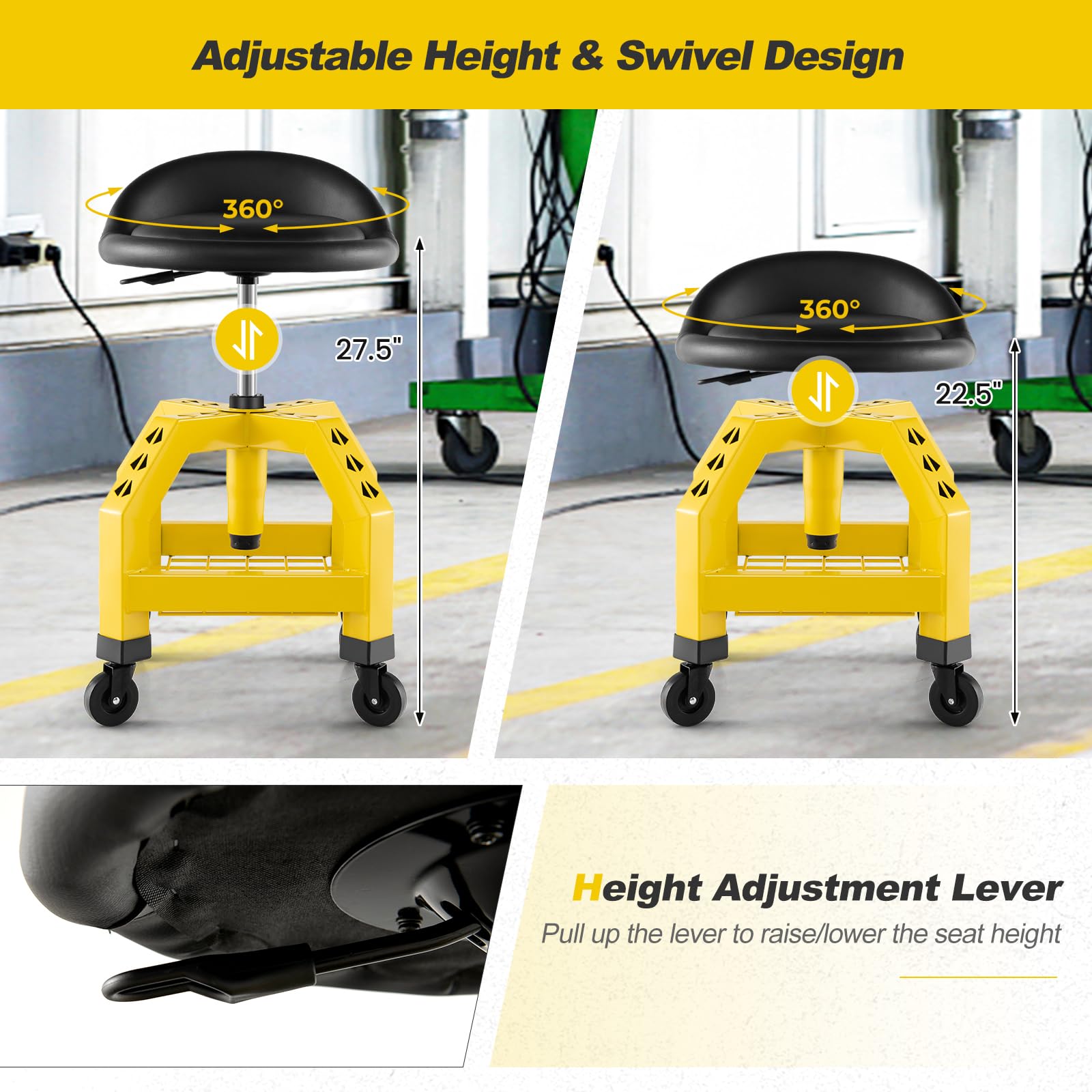 Goplus Heavy Duty Mechanic Stool with Wheels - 360° Swivel Rolling Garage Stool, Adjustable Height 22.5”-27.5”, Padded Seat & Tool Tray, 330 LBS Capacity - Perfect for Auto Repair, Workshop, DIY Projects & Industrial Use