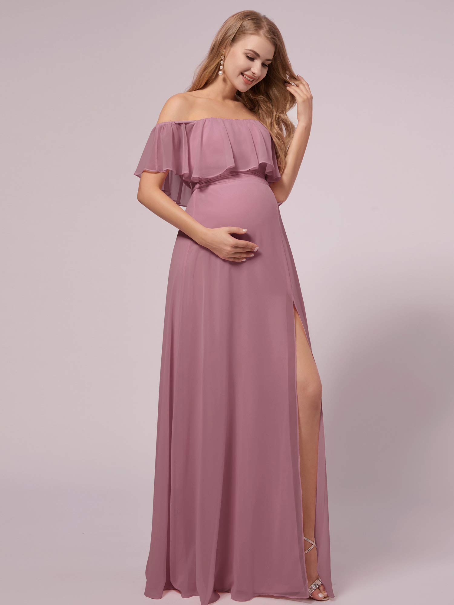 Ever-Pretty Women's Off-Shoulder Side Slit Long Chiffon Ruffle Maternity Dress for Pregnancy Party & Photography - Style 0969-EY | Elegant Formal Wear for Baby Shower, Bridesmaid & Special Occasions