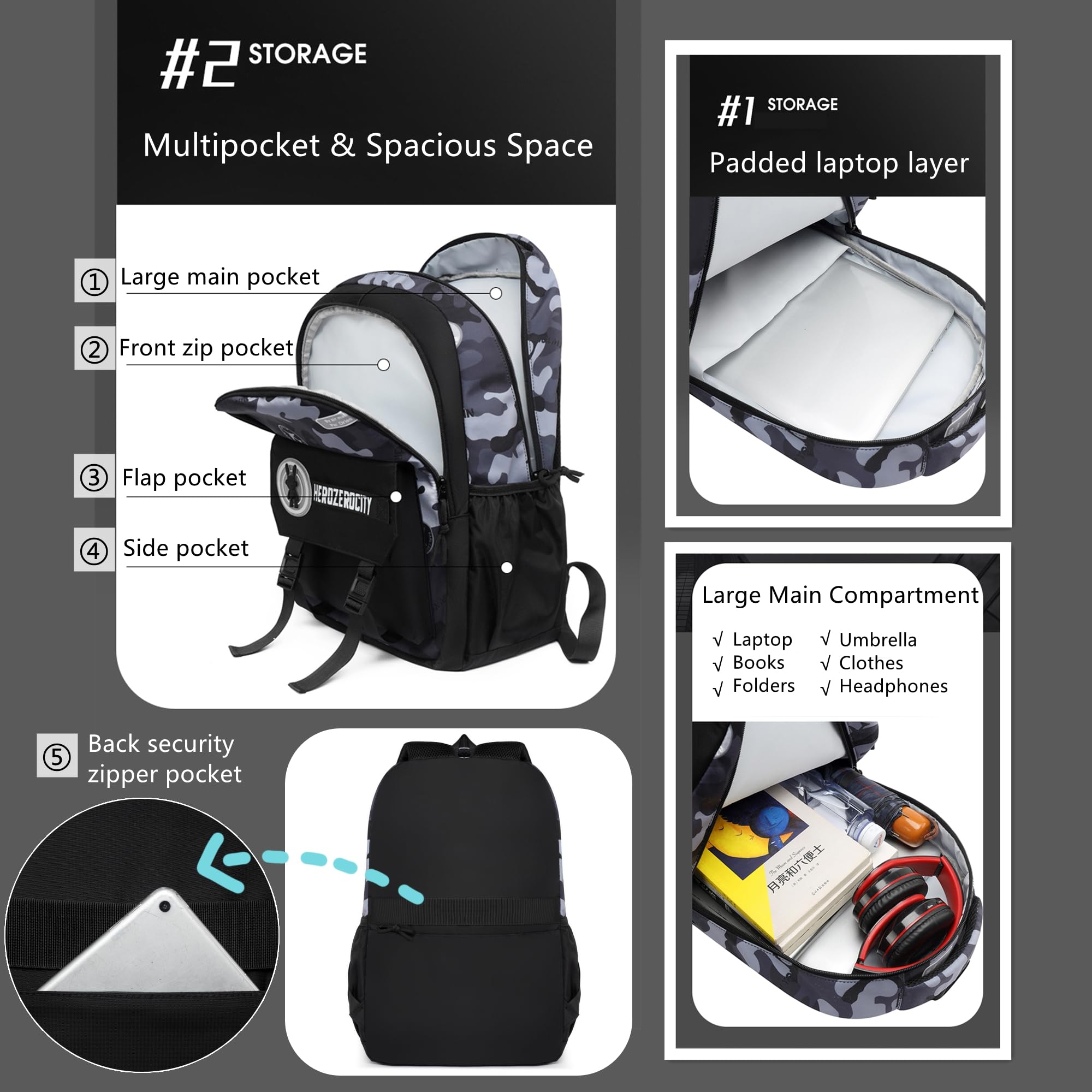 MITOWERMI Camouflage Backpack for Boys - Lightweight School Backpack for Kids, Durable Elementary Bookbag for Travel & Daily Use - Black Military Style Backpack for School, Hiking & Outdoor Adventures