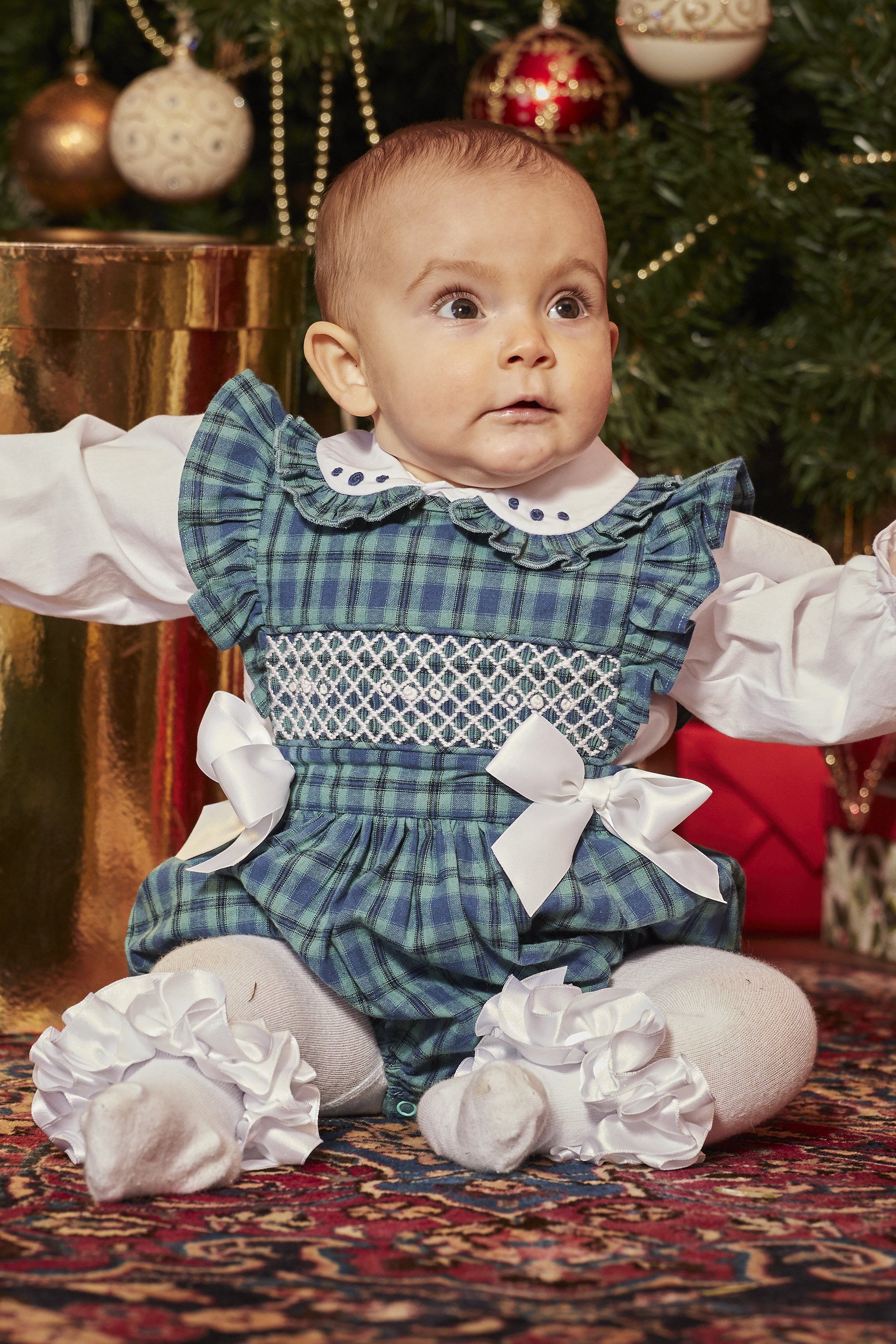 Hollie Bottle Green Tartan Smocked Romper Set for Baby Girls | Scottish Plaid Outfit | Perfect for Holidays, Photoshoots & Special Occasions