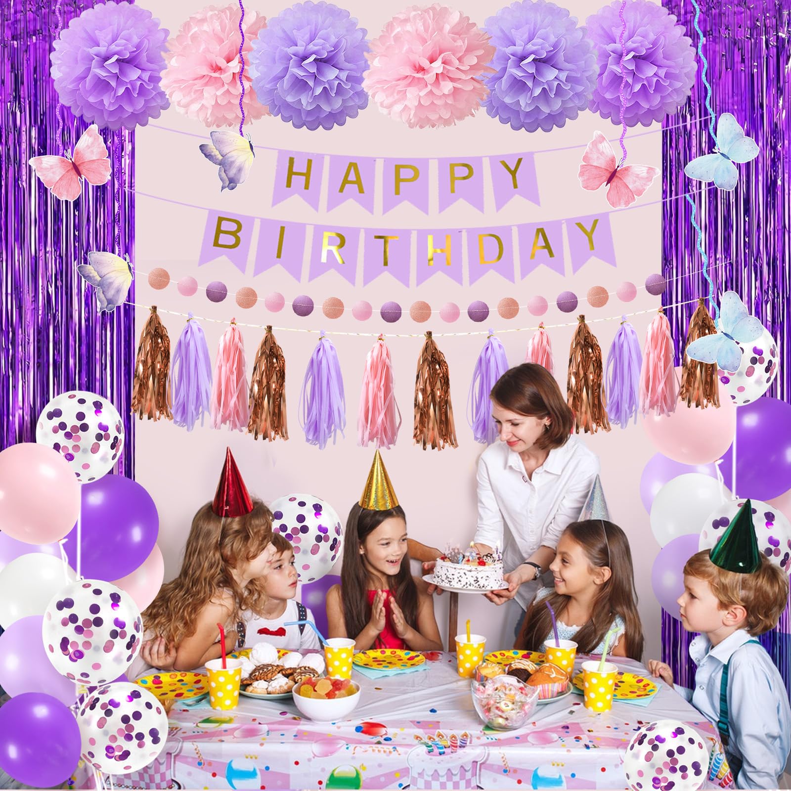 Pink & Purple Birthday Party Decorations Kit - Hanging Swirls, Tissue Pom Poms, Circle Dots, Tassel Garland, Balloons & Fringe Curtain for Women's Birthday Celebration | Perfect for Baby Showers, Bridal Showers & Anniversary Parties