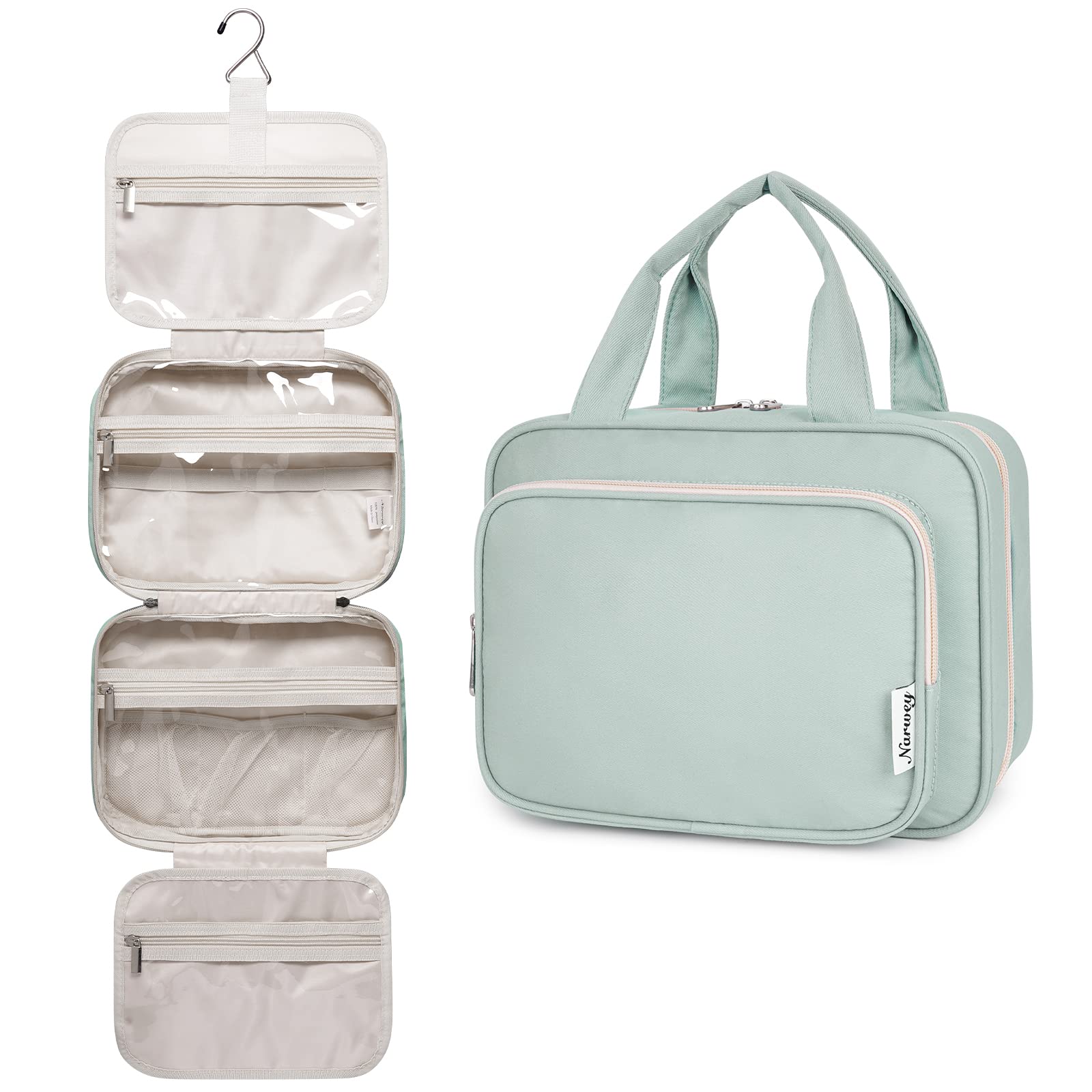 Narwey Hanging Toiletry Bag for Women - Travel Makeup Organizer with Multiple Pockets, Waterproof Cosmetic Bag for Toiletries & Essentials (Mint Green, Medium Size) - Perfect for Air Travel, Camping & Gym Use