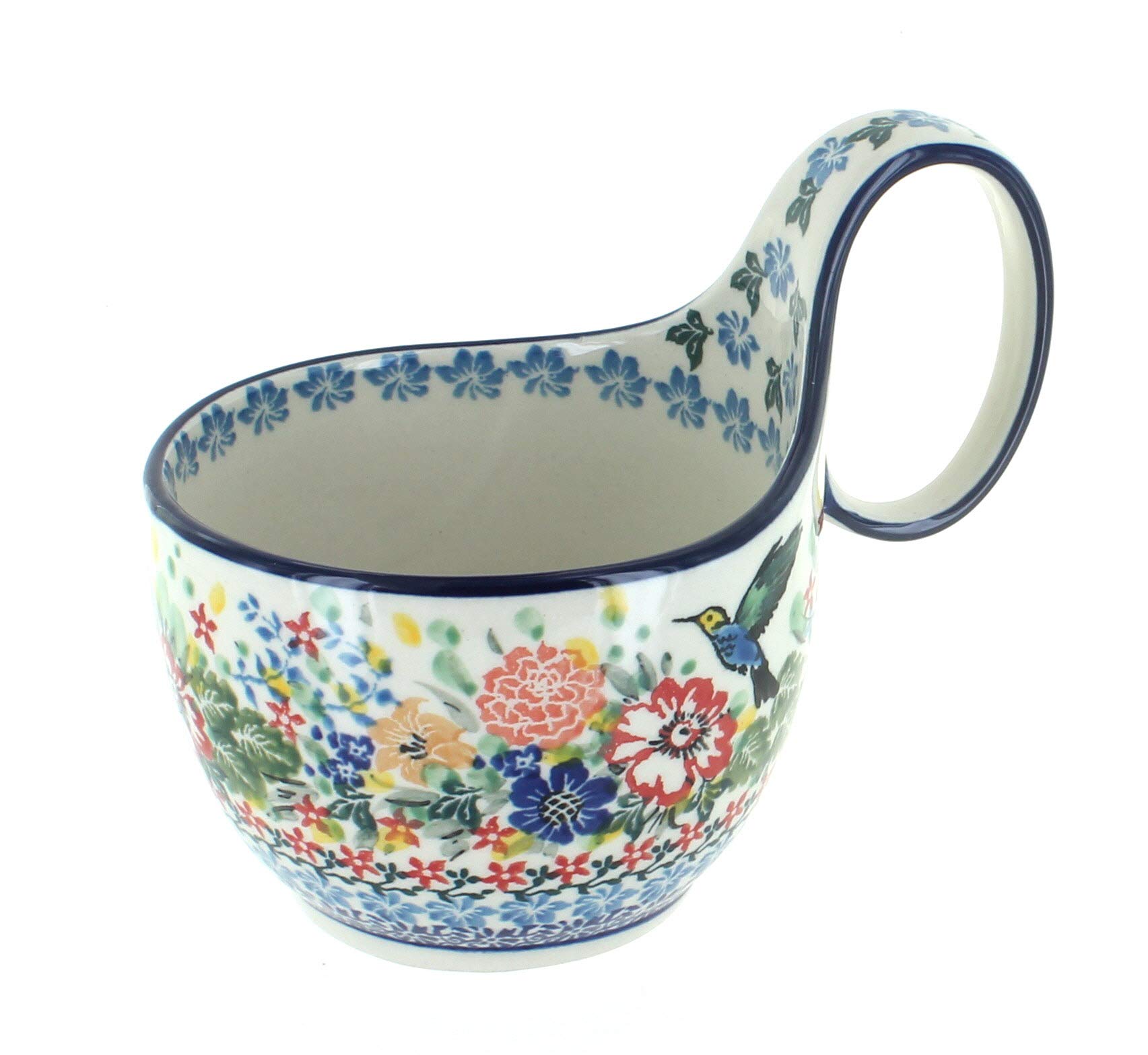Handmade Blue Rose Polish Pottery Hummingbird Soup Mug - Ceramic Coffee Cup with Lid - Perfect for Tea, Soup & Hot Beverages - Gift Idea for Bird Lovers & Collectors - Ideal for Home, Office & Cafe Use