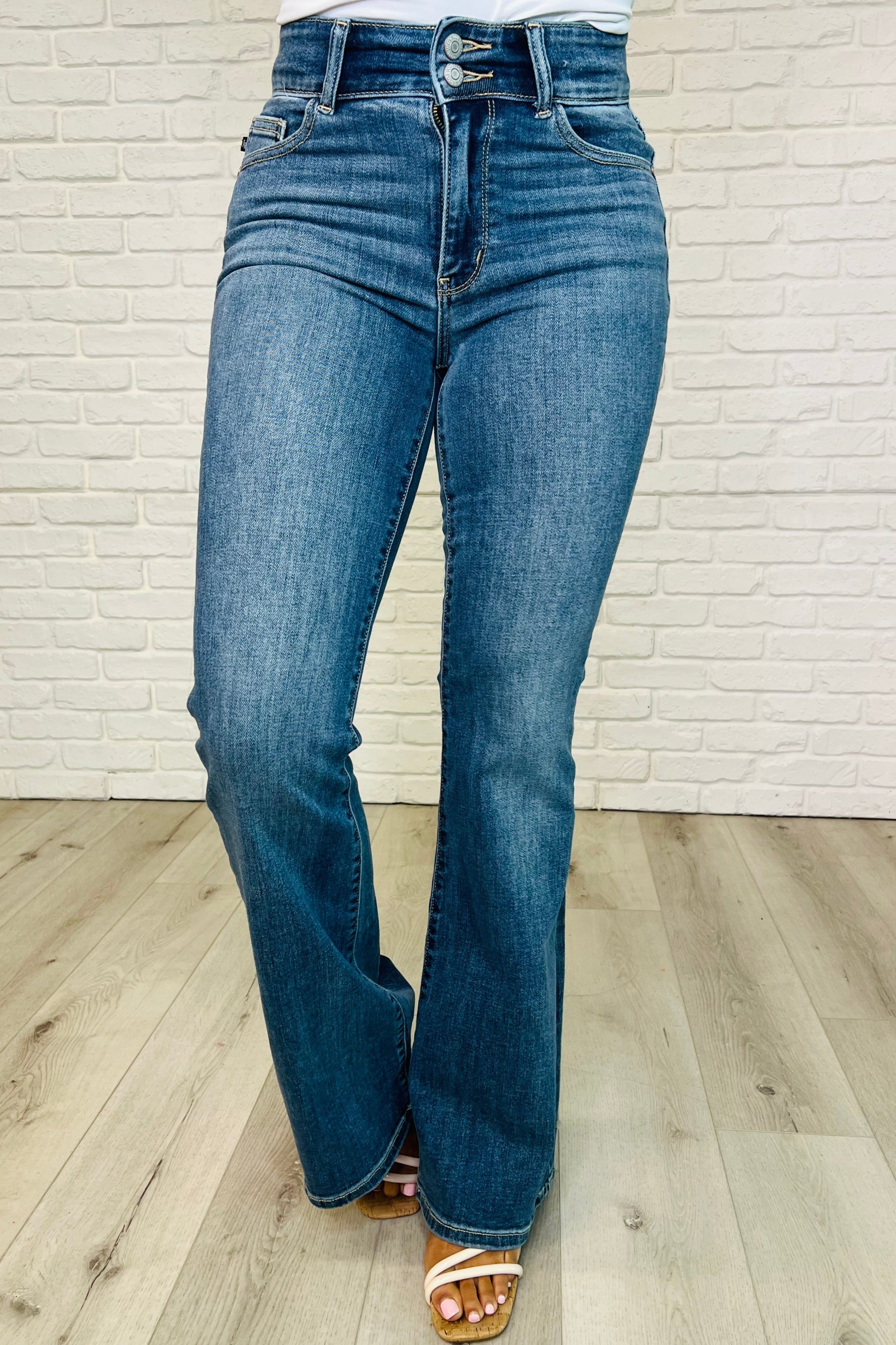 Ariana High Rise Double Button Waistband Flare Jeans for Women - Stretchy Denim Pants with Bootcut Leg | Perfect for Casual Wear, Date Night & Office Outfits