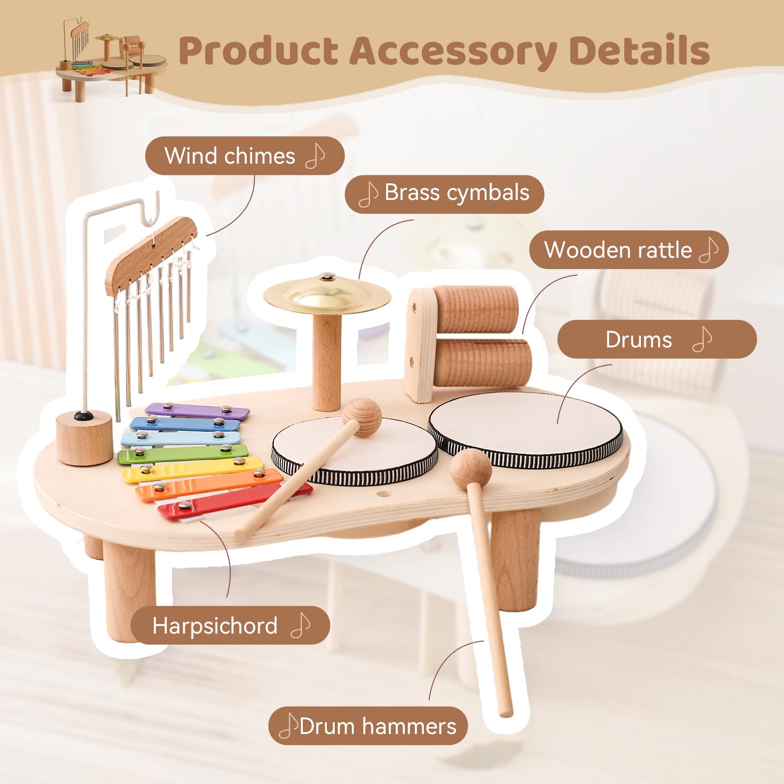**Promise Babe Wooden Musical Instruments for Toddlers 1-3 Years - Kids Percussion Set with Drum & Xylophone - Montessori Educational Toys for Boys & Girls Ages 3+ - Perfect for Early Learning, Playtime & Birthday Gifts**