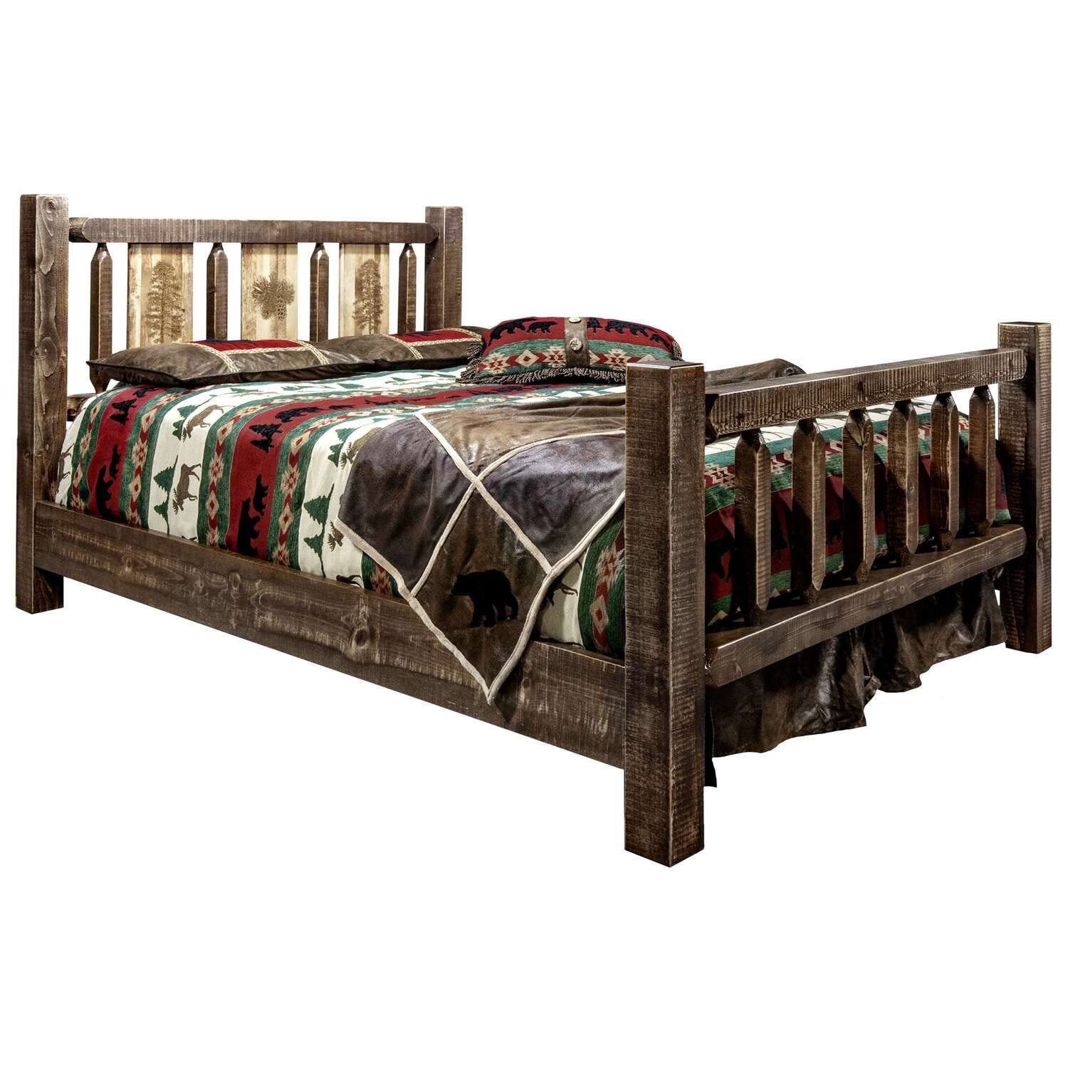 Montana Homestead Queen Size Bed Frame - Solid Pine Wood with Stained & Lacquered Finish - Rustic Farmhouse Bedroom Furniture for Master Bedroom or Guest Room