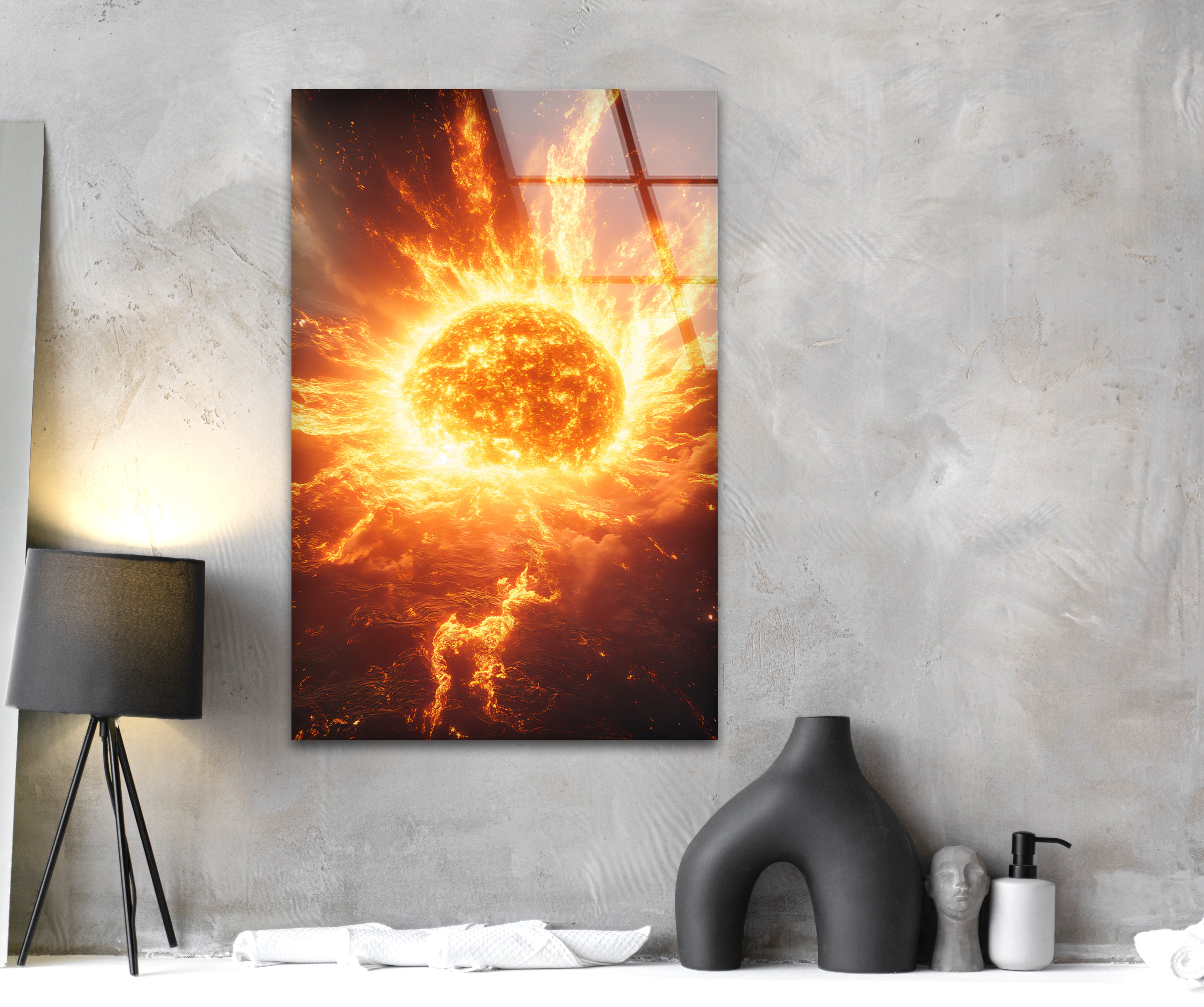 Big Sun Glass Wall Art - Modern Stained Glass Window Decor for Living Room, Bedroom & Office - Handmade Sunburst Design for Home & Office Decor