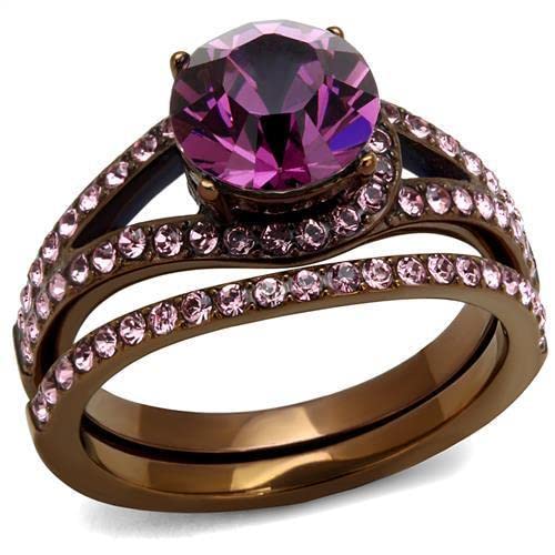 Amethyst Crystal Stainless Steel Ring - Elegant Coffee Light Jewelry for Women