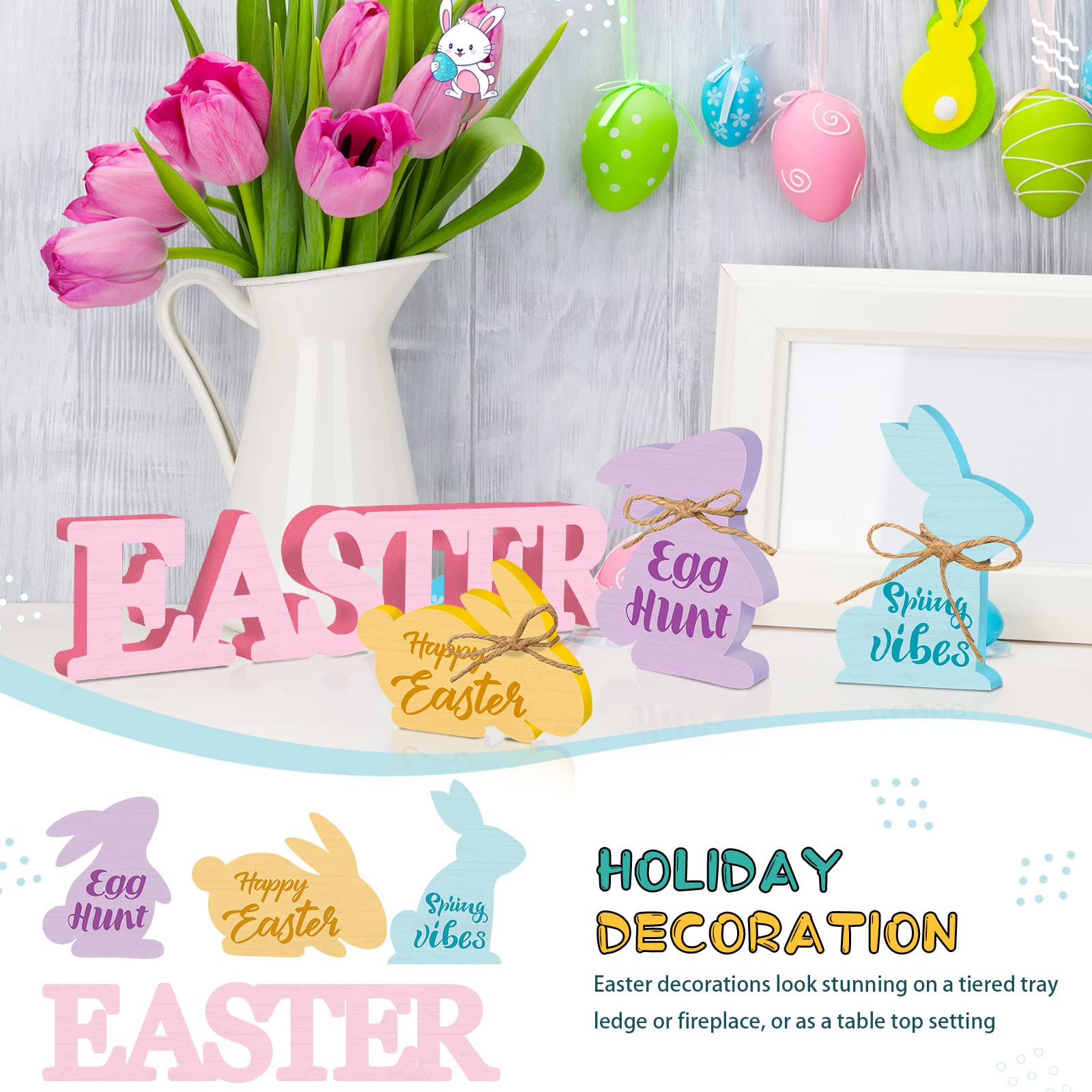 4 Pcs Easter Bunny Wooden Signs - Rustic Farmhouse Rabbit Decor for Tiered Tray, Spring Home & Party Decoration - Perfect for Easter Table Centerpiece, Mantel Display, and Seasonal Home Decor (Bunny Style)