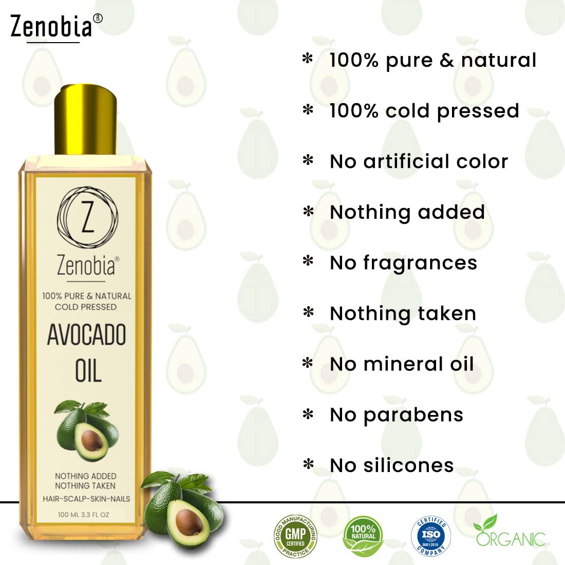 Zenobia 100% Pure Cold-Pressed Avocado Oil for Hair, Face & Skin Care - Natural Retinol & Vitamin E Moisturizer to Reduce Wrinkles & Promote Hair Growth - 100ml Bottle - Perfect for Daily Skincare Routine & Deep Conditioning Treatments
