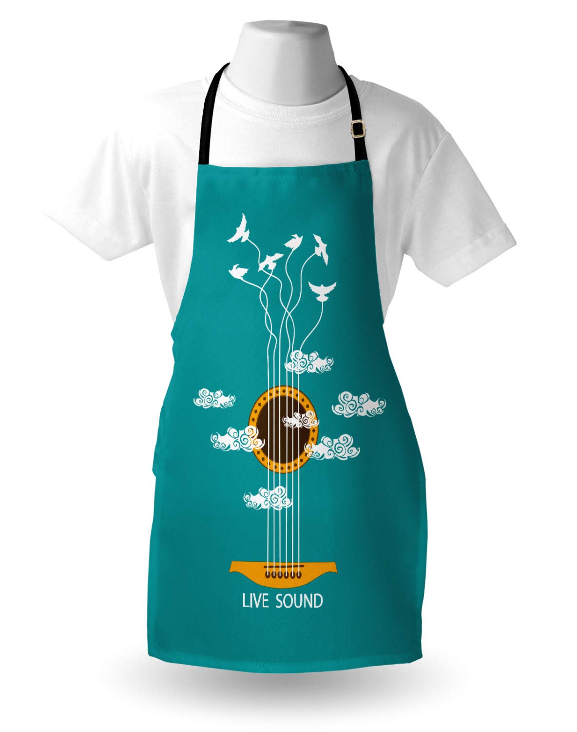 Ambesonne Guitar Apron - Abstract Music Design with Birds & Clouds - Adjustable Unisex Kitchen Bib for Cooking, Baking, Gardening - Turquoise Marigold White - Perfect for Musicians, Chefs & BBQ Enthusiasts