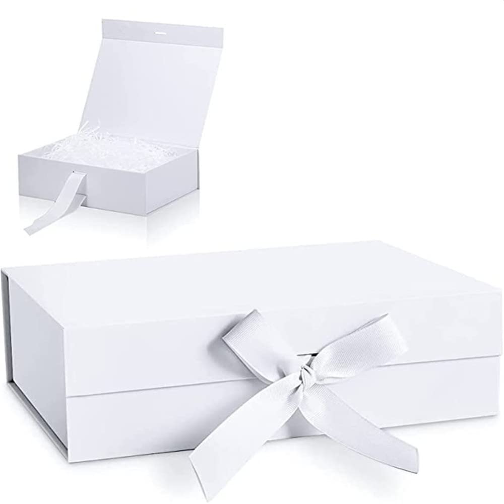 LKJYBG 10.5x7.5x3 Inch Magnetic Closure Gift Box - Elegant Solid Color Clamshell Design with Buckle Ribbon for Birthday, Valentine's Day, Wedding Favors (White) | Perfect for Jewelry, Cosmetics & Luxury Gift Packaging