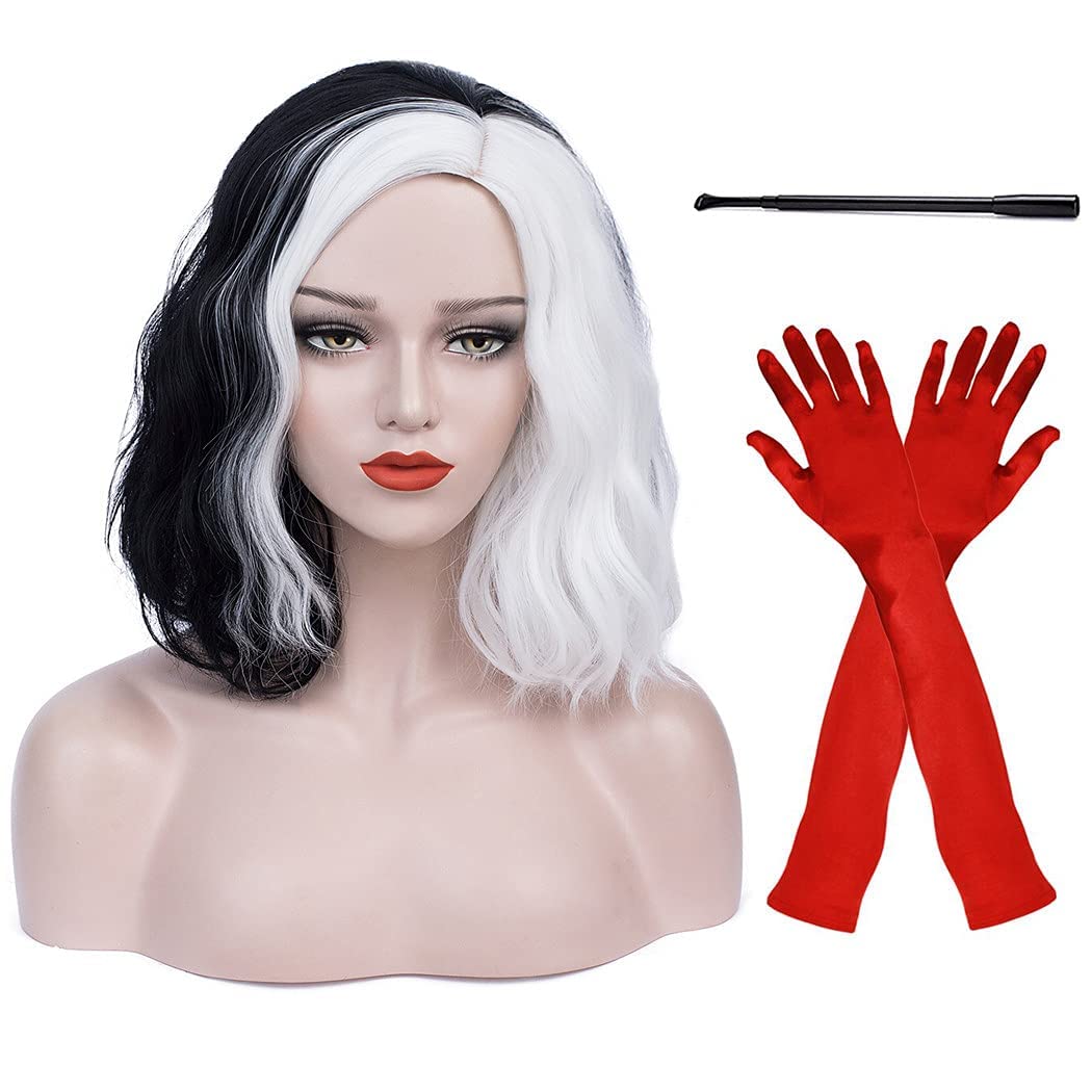 Black and White Cruella De Vil Costume Wig for Women - 1920s Style Bob Wig with Red Gloves, Synthetic Cosplay Wig for Halloween & Themed Parties (Wig R028)