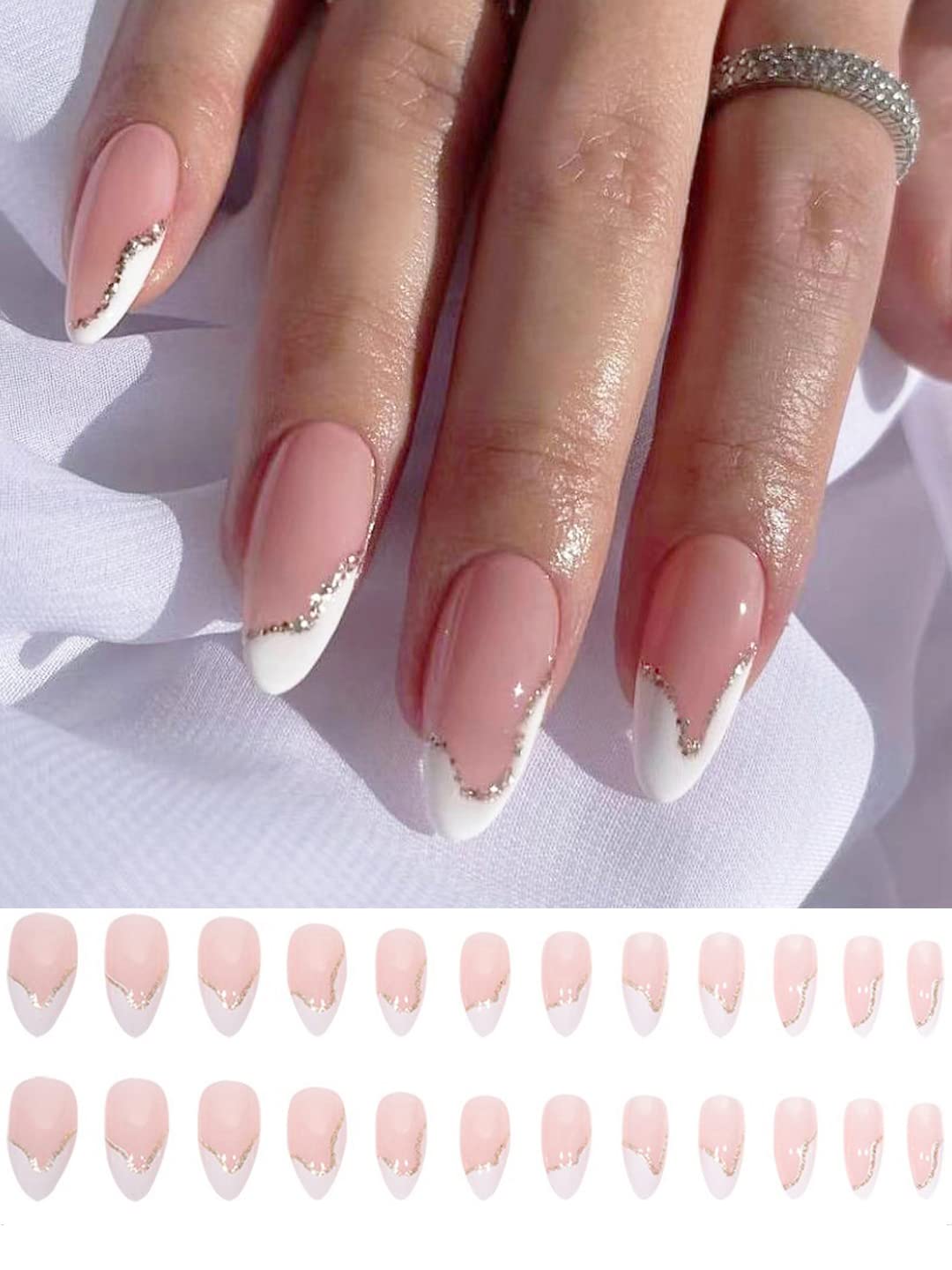 Premium Press on Nails 24PCS Set - Reusable Artificial Nails with Golden Glitter Design, Nail Glue & Kit | Easy Fake Nail Extensions for Parties, Weddings & Special Occasions