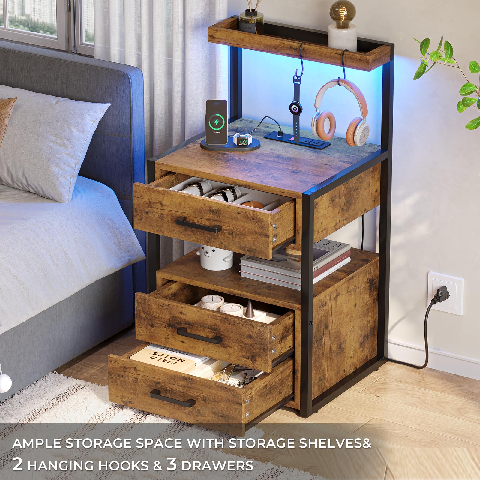 VIAGDO Nightstands Set of 2 with LED Lights & USB Charging Station - 3 Drawer Rustic Brown Bedside Tables with Storage Shelves - Modern End Tables for Bedroom, Living Room & Office - Perfect for Small Spaces & Apartment Furniture