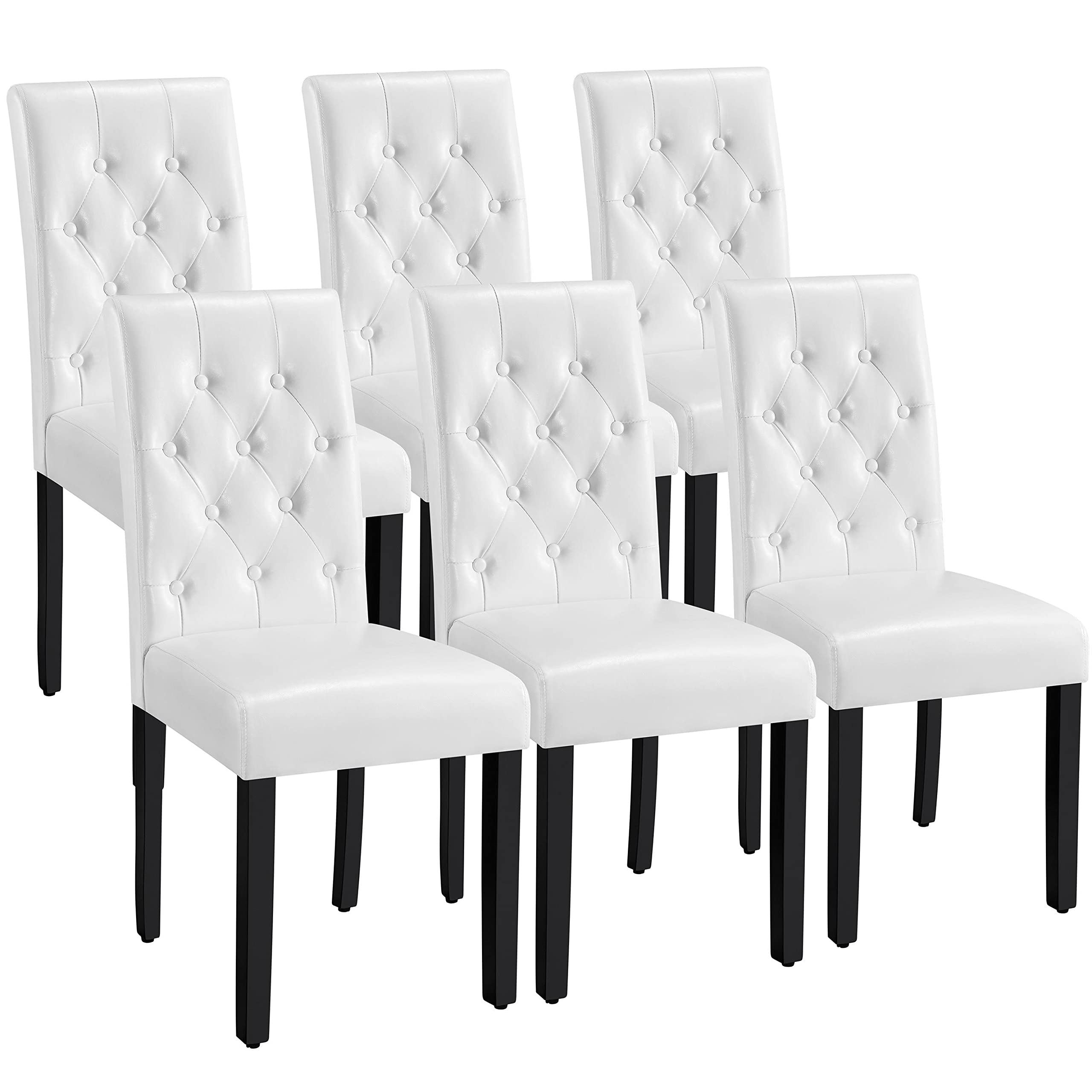 Premium Yaheetech Dining Chairs Set of 6 - White Leather Seat with Button Tufted Design & Solid Wood Legs for Kitchen, Restaurant or Home Decor | Comfortable Padded Accent Side Chairs for Dining Room, Breakfast Nook and Cafe Settings