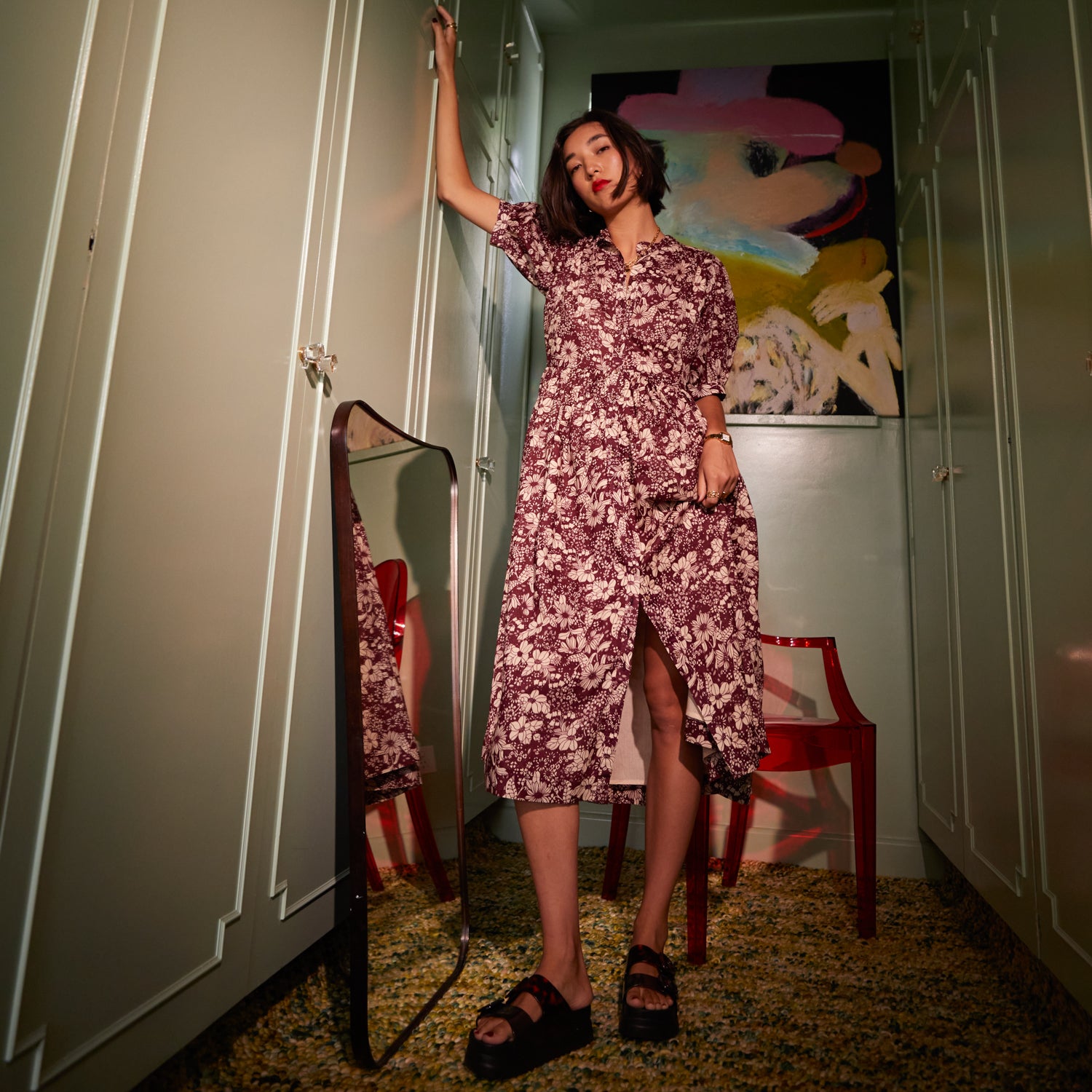 Evette Dress for Women - Elegant Mahogany Brown Flowy Midi Dress for Casual Wear, Office, and Special Occasions