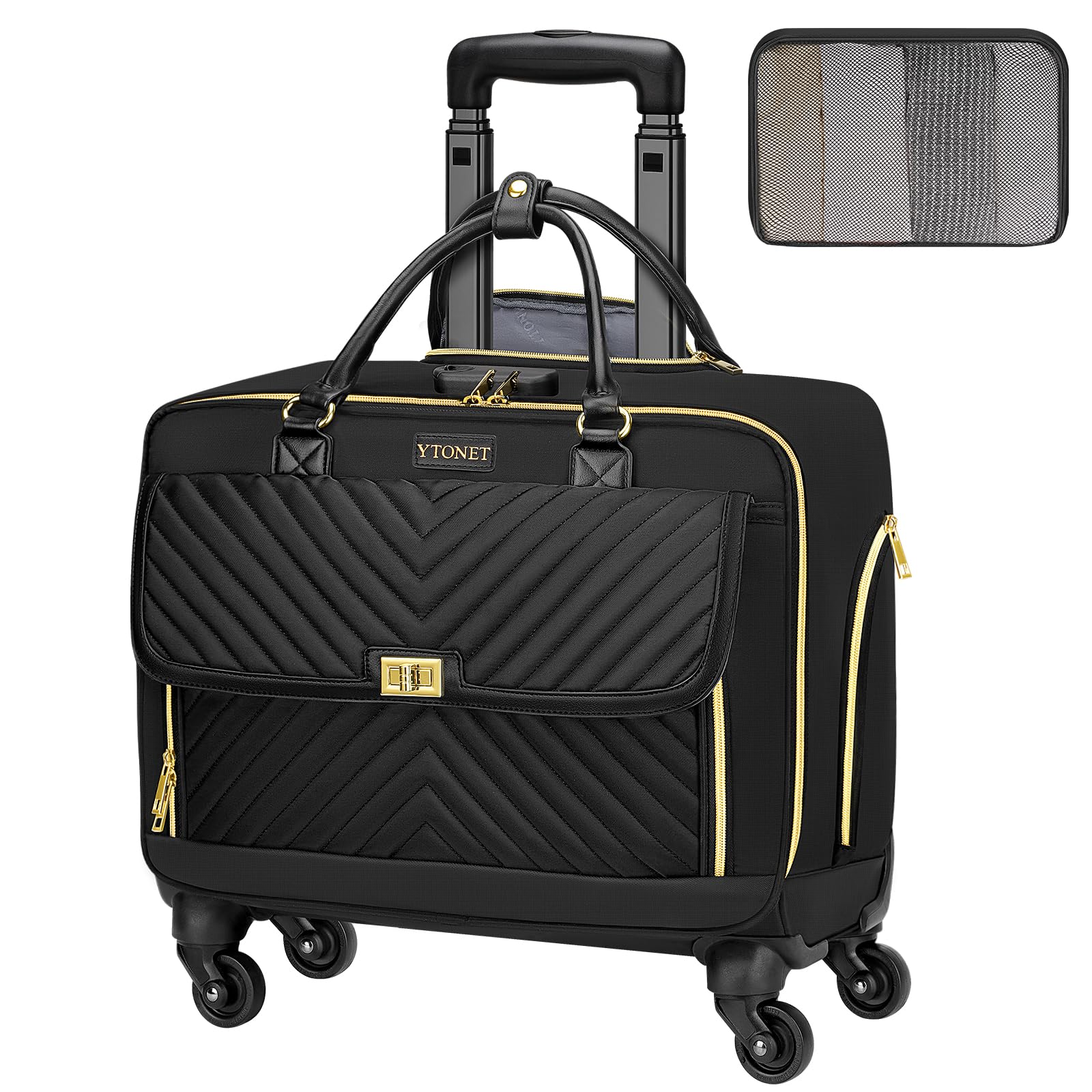 Ytonet 17.3 Inch Rolling Laptop Bag for Women - 4 Spinner Wheels, Lock & Packing Cube - Black Rolling Briefcase for Travel, Work, Business, Teacher & Daily Commute