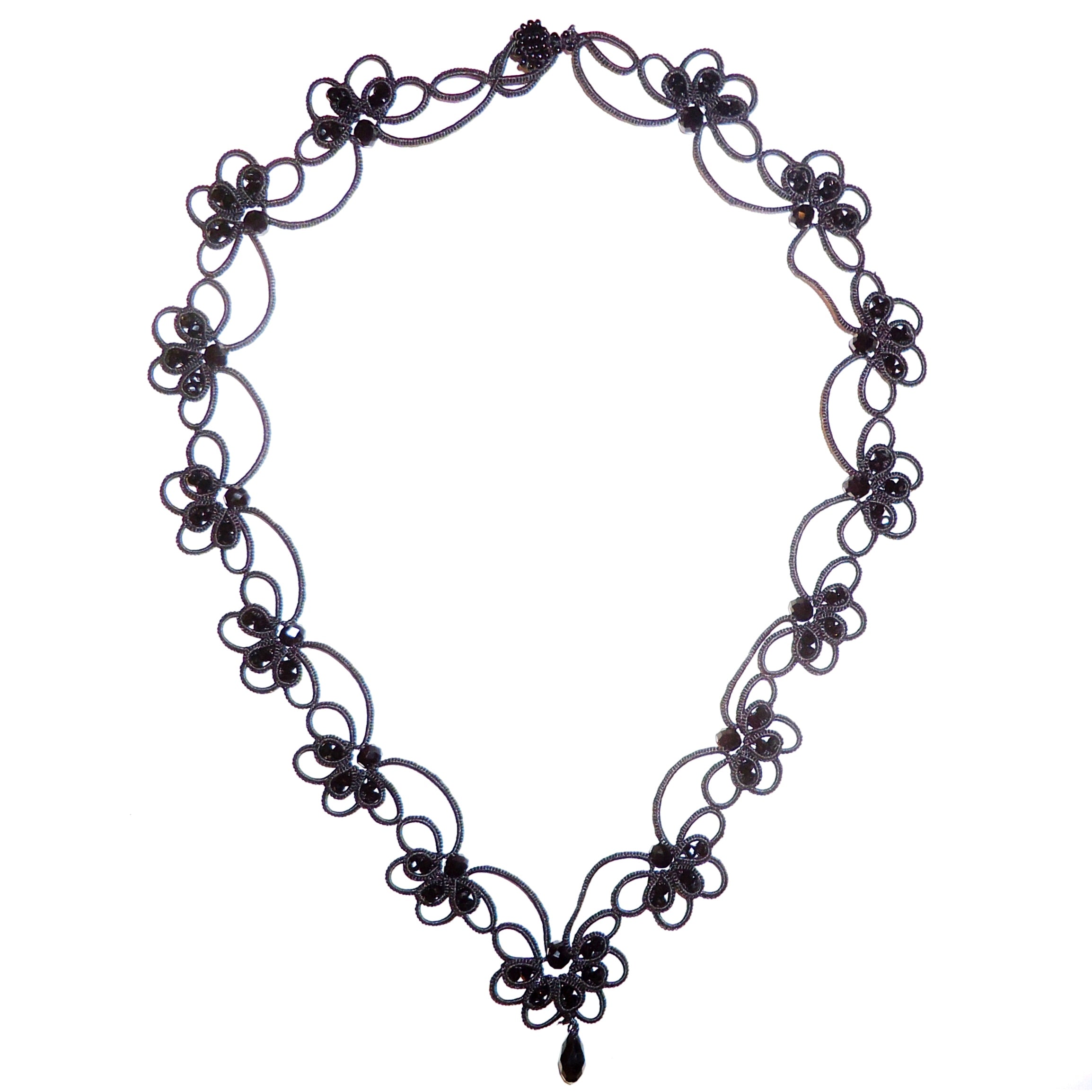 Black Silk Crochet Beaded Necklace with Faceted Beads - Elegant Handmade Jewelry for Women, Perfect for Parties, Weddings & Special Occasions