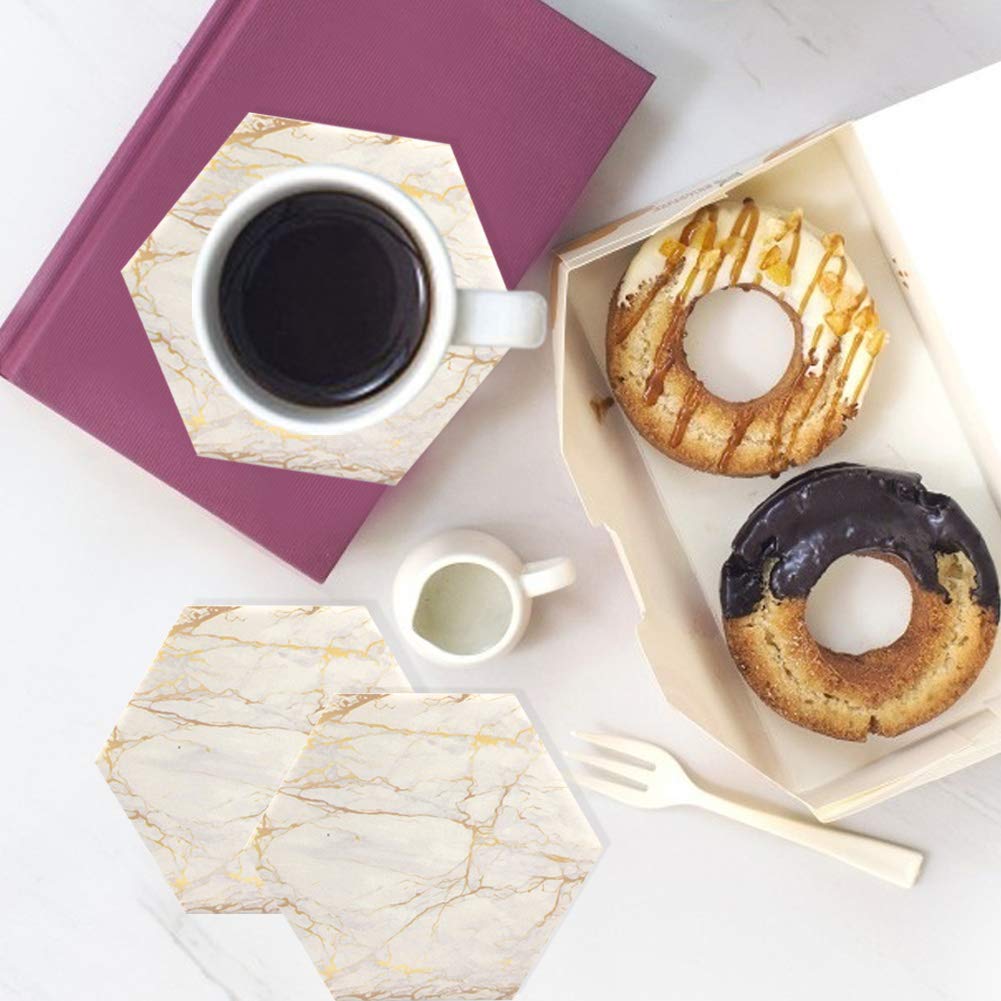 Premium Absorbent Marble Drink Coasters Set of 8 with Cork Base - Gold Ceramic Cup Coasters with Metal Holder for Wooden Tables - Rustic Home Decor for Living Room, Bar & Housewarming Gifts (4 Inch) - Perfect for Coffee Tables, Dinner Parties & Protecting Furniture Surfaces