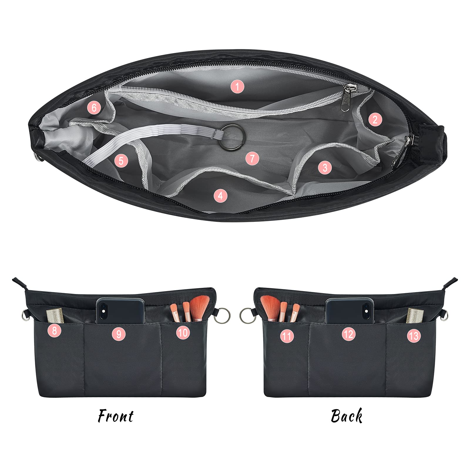 Premium Nylon Handbag Organizer Insert with 13 Zippered Pockets - 5 Sizes for Tote Bags - Perfect for Travel, Work & Daily Organization (Vercord)