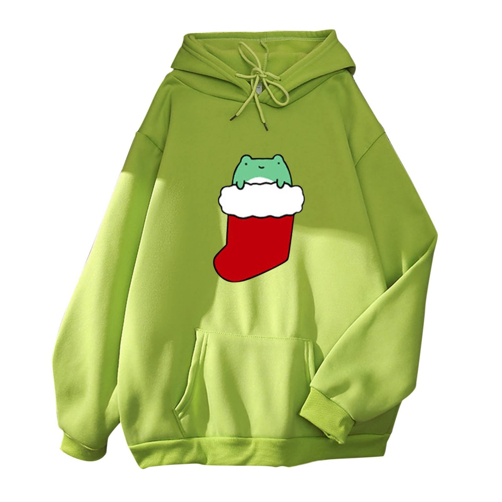 Women's Casual Frog Print Long Sleeve Hooded Sweatshirt with Pocket - Loose Fit Cute Pullover Top for Everyday Wear & Street Fashion