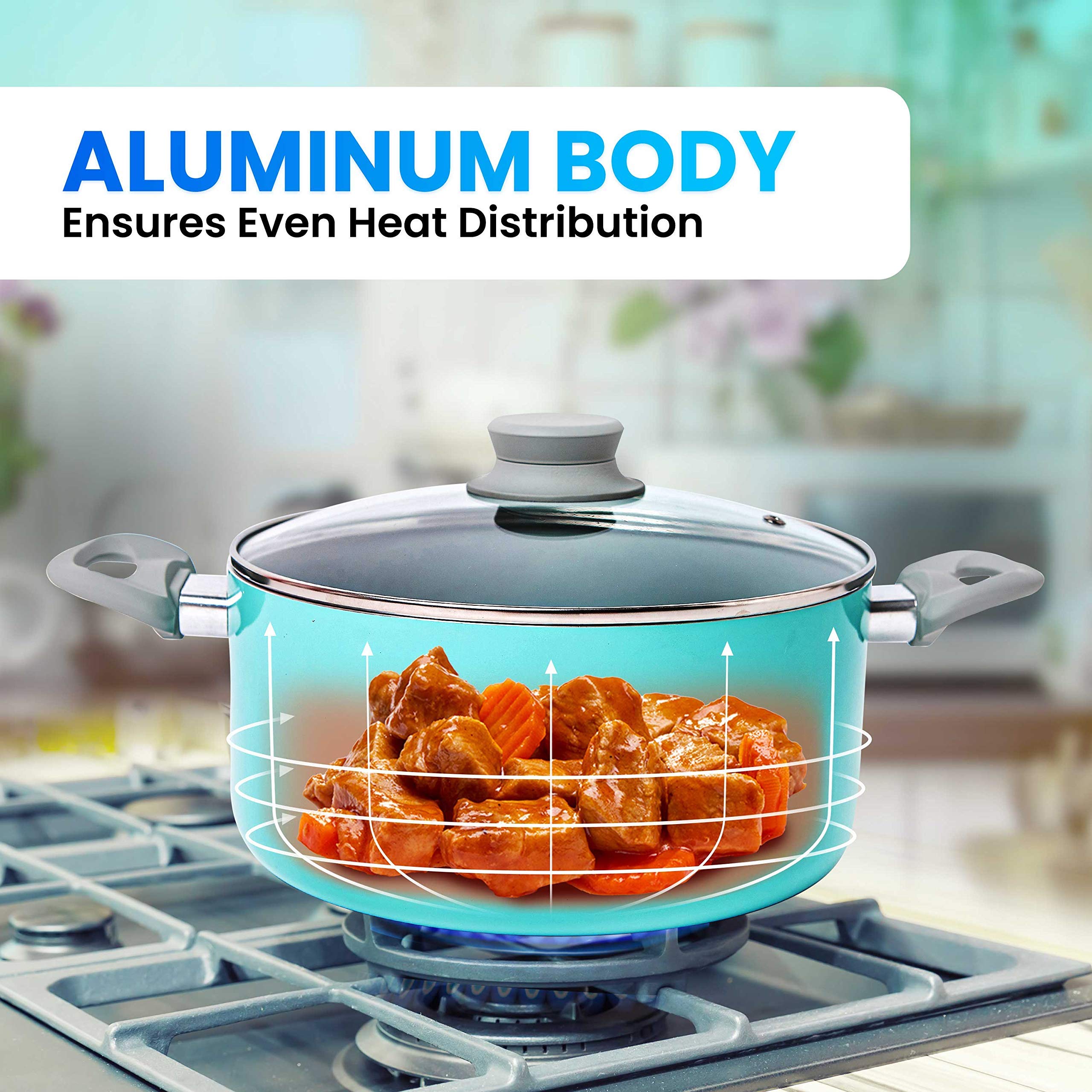 Mueller 16-Piece Non-Stick Stone Cookware Set with Steamer & Glass Lids - Turquoise | Durable Kitchen Pots & Pans for Cooking, Frying & Steaming | Perfect for Home Chefs & Family Meals