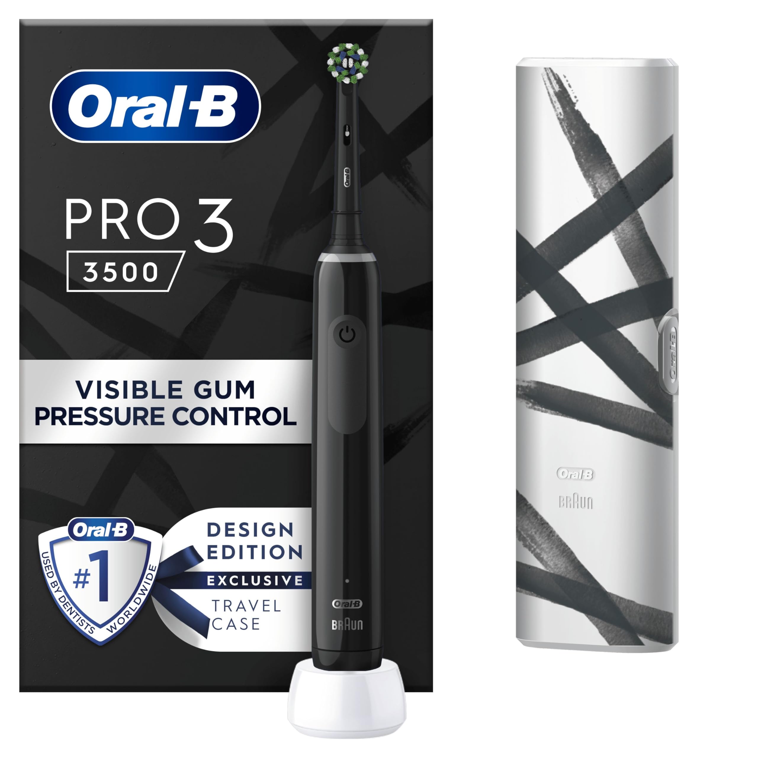 Oral-B Pro 3 Electric Toothbrush for Adults - 3 Cleaning Modes with Whitening, Includes 1 Replacement Brush Head & Travel Case (UK Plug, Black) - Perfect for Home Use, Travel & Daily Oral Care
