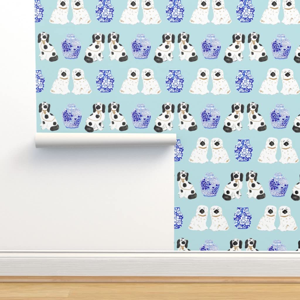 Peel & Stick Removable Wallpaper - 9ft x 2ft Dog & Blue Chinoiserie Vase Pattern | Custom DIY Home Decor for Nursery, Bedroom & Office | Spoonflower Premium Self-Adhesive Wallpaper