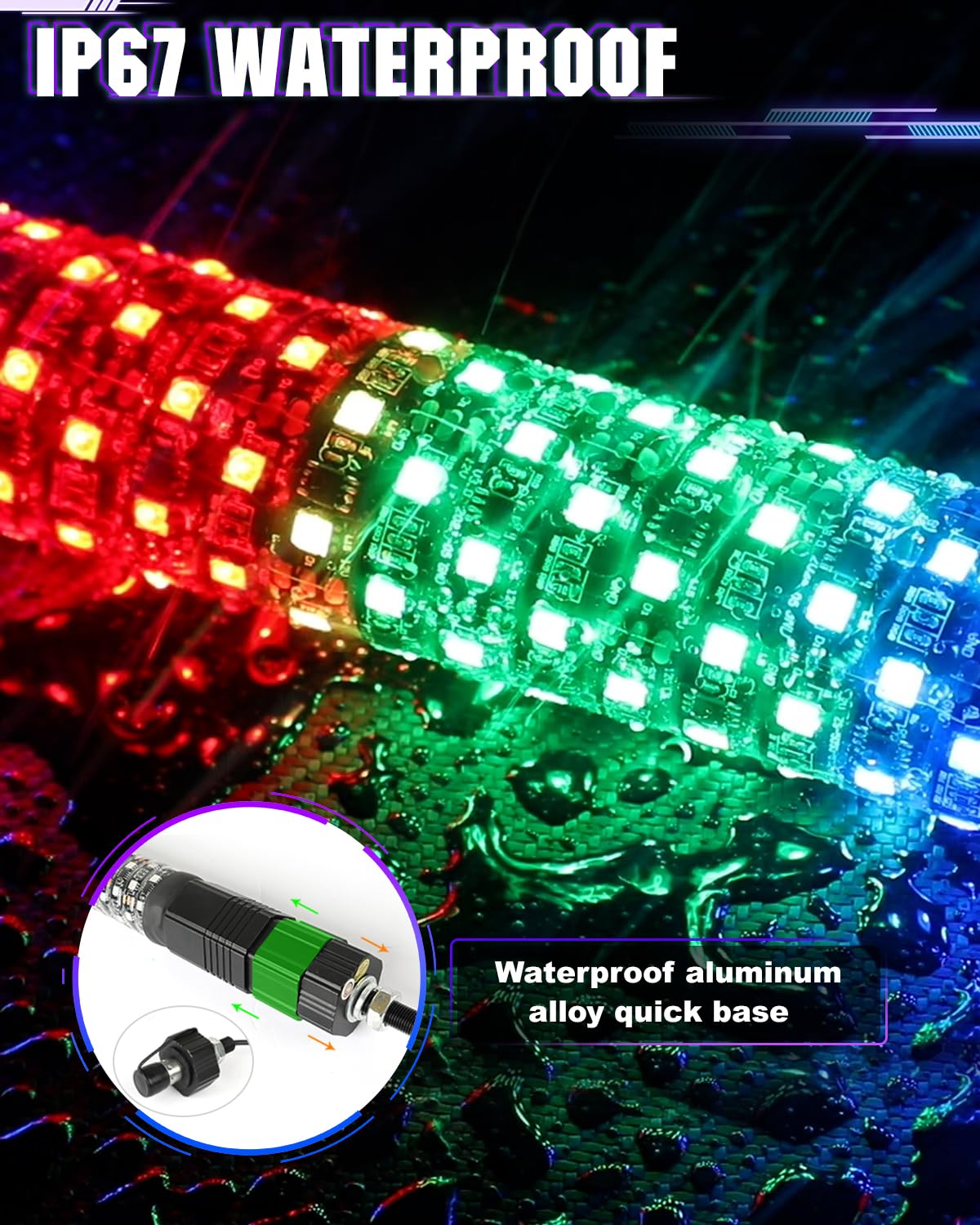 2 Pack 3FT LED Whip Lights for UTV ATV - Adjustable Length, Ultra Bright Spiral Chasing Lights with Rocker Switch, 2 Flags, App & Remote Control - Perfect for RZR, SxS, Can-Am Off-Road Vehicles - Ideal for Night Riding, Trail Adventures & Off-Road Racing