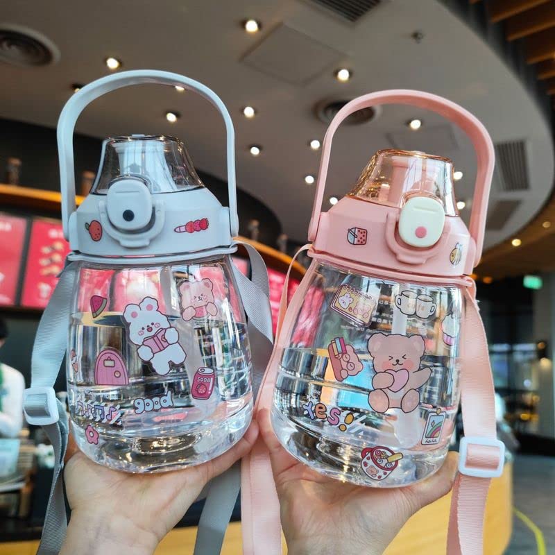 **BXCNCKD Kawaii Large Capacity Water Bottle with Straw & Portable Strap - 1100ml (Pink) - Cute Student Water Bottle for School, Gym & Outdoor Activities**